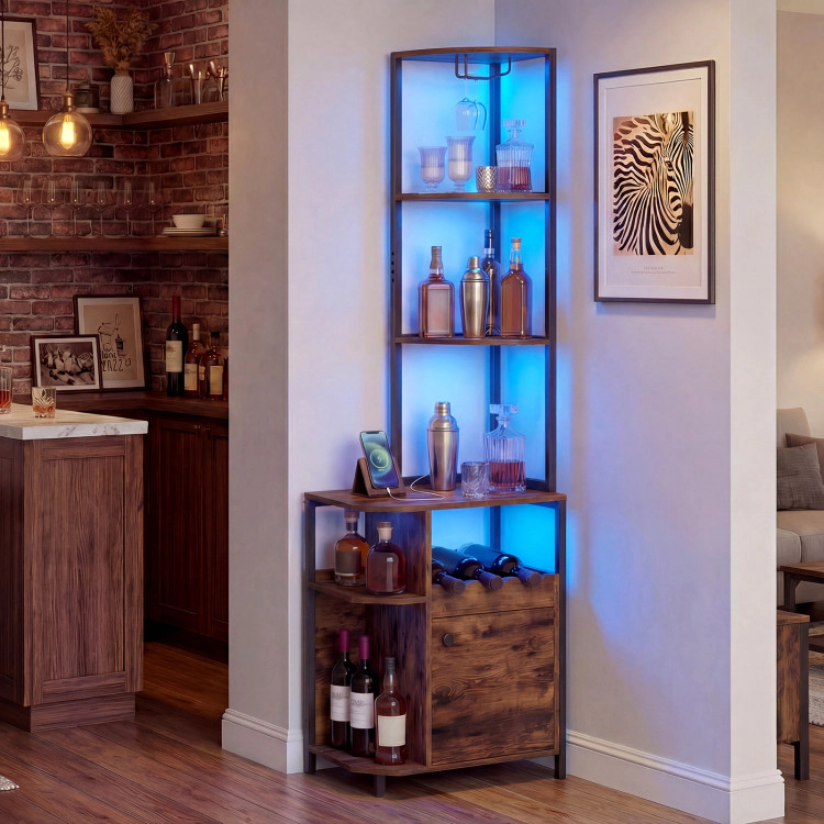 Hivvago 6-Tier Corner Bar Cabinet With Led Lights And Charging Station For Kitchen