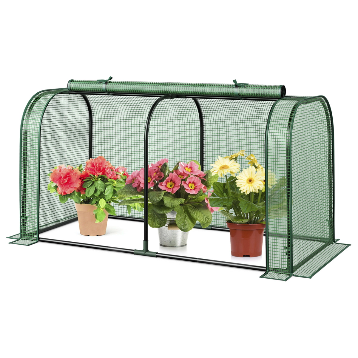 SUGIFT Mini Tunnel Greenhouse Roll-Up Zipper Door PE Cover Metal Frame Ground Stakes 47 x 22 x 24-in Green/White