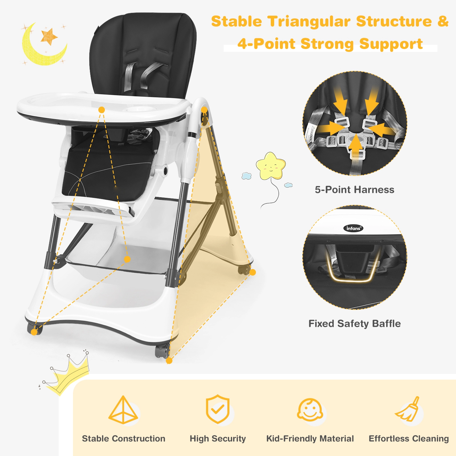 SUGIFT Gray 4 Lockable Wheels and 5-Point Harness A-Shaped Foldable Baby High Chair
