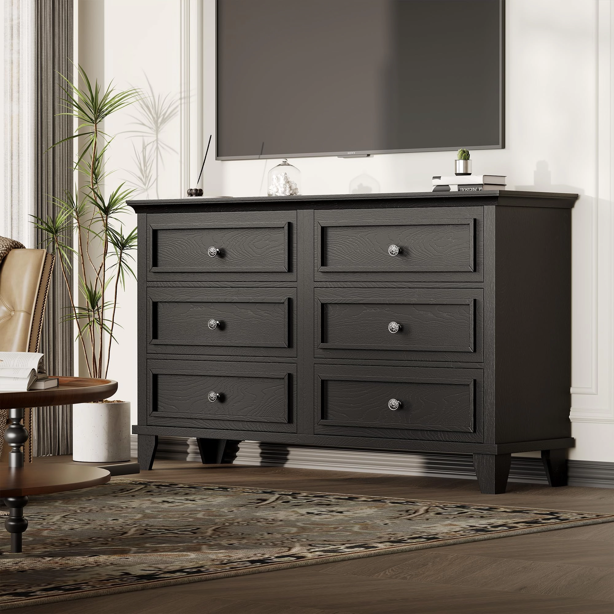 6 Drawer Dresser, Wooden Storage Chest with Metal Handles, Large TV Stand for Bedroom & Living Room