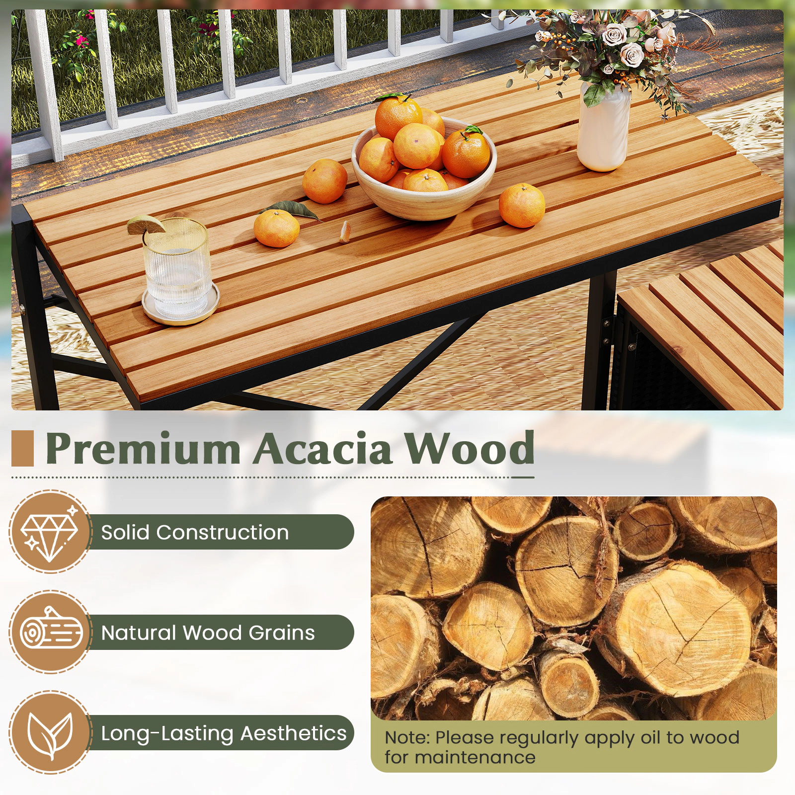 SUGIFT 2-in-1 Acacia Wood Loveseat and Picnic Table with Storage