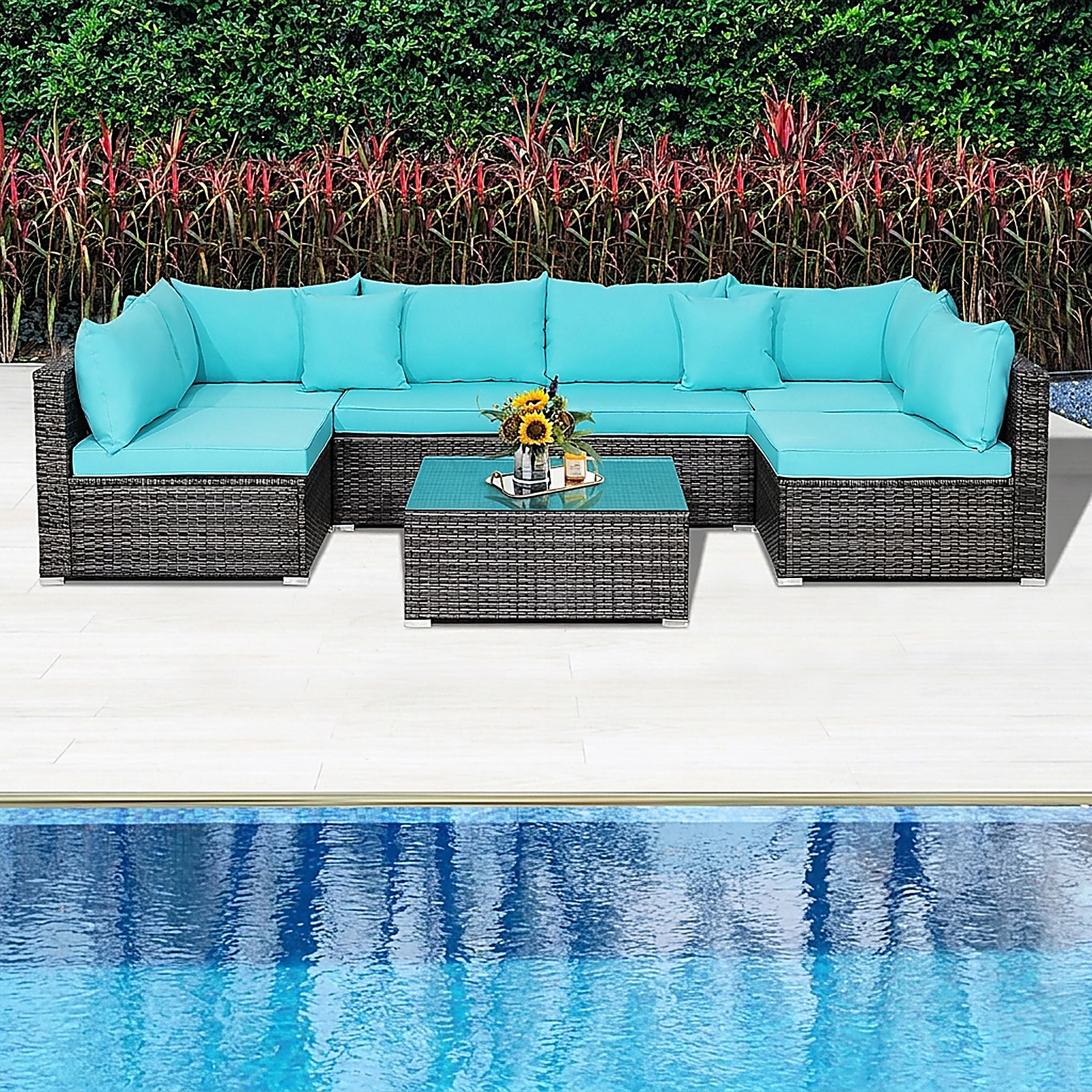 SUGIFT 7-Piece Turquoise Wicker Patio Sectional Set, 4 Armless Sofas, 2 Corner Sofas, Cushions