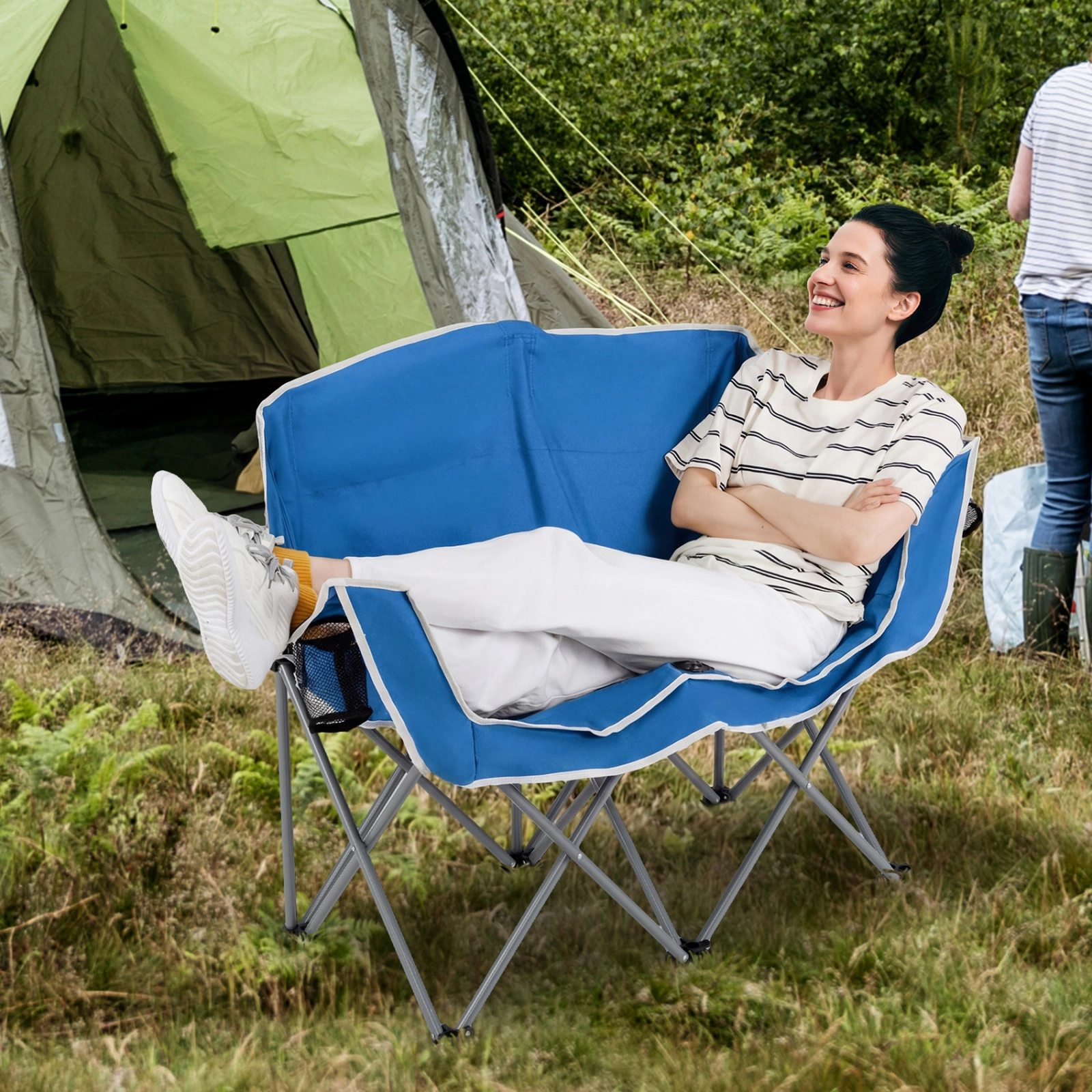 SUGIFT Blue Double Camping Loveseat, 660 lb Capacity, 2 Cup Holders, Armrests and Carry Bag