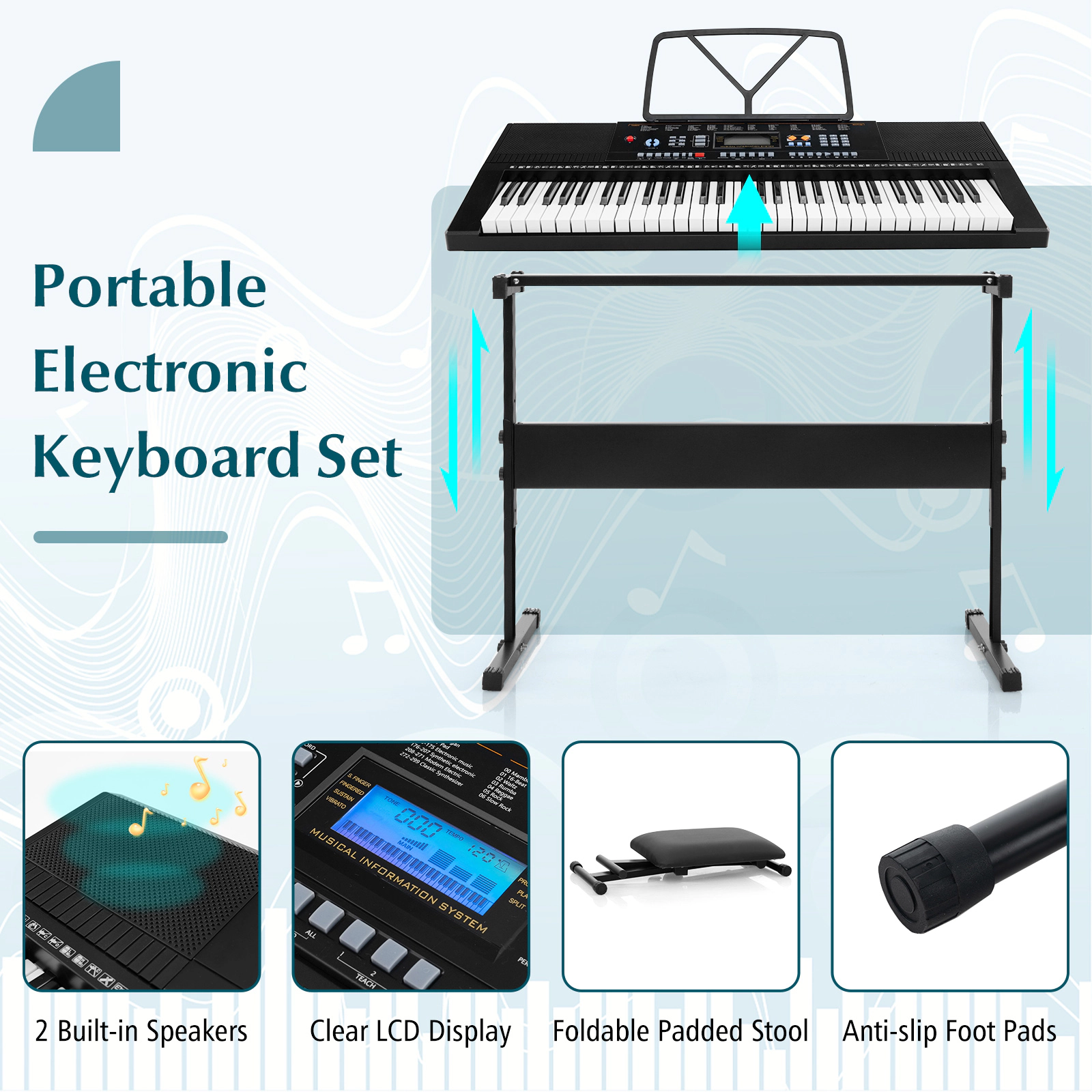 SUGIFT 61-Key Electronic Keyboard Piano Starter Set with Stand Bench and Headphones Black White