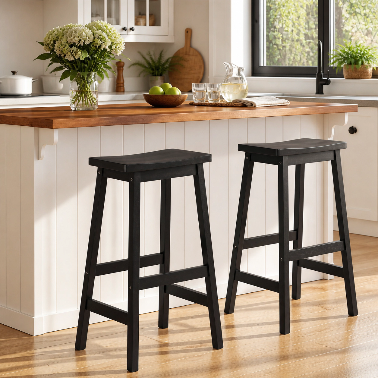 SUGIFT Set of 2 Black 29 in. Backless Rubber Wood Saddle Bar Stools