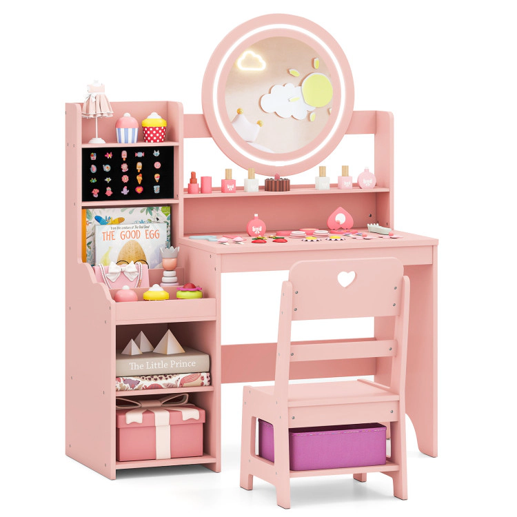 Hivvago Kids Vanity Desk With Mirror And Lights Princess Pretend Play Dressing Table Chair Set