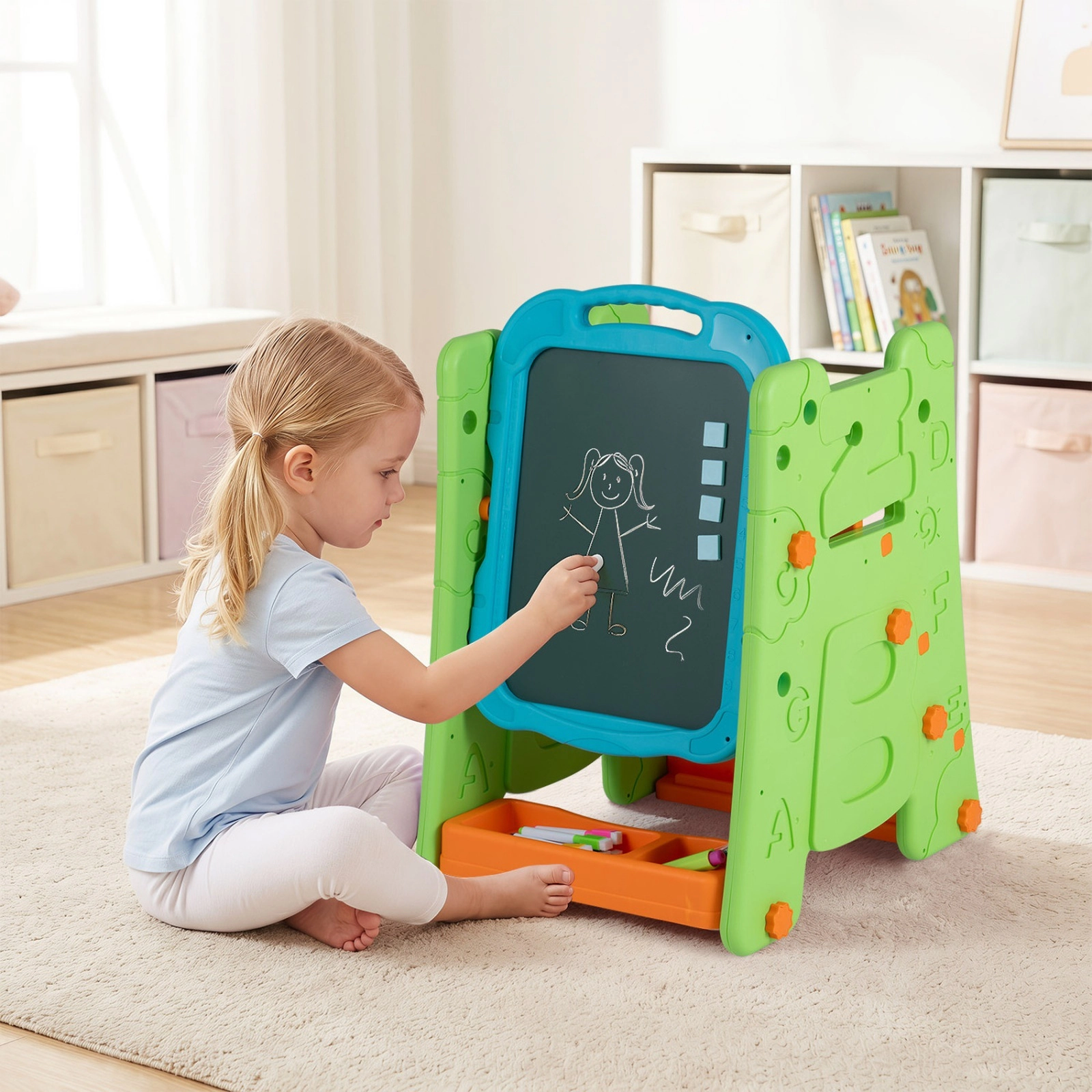 4-in-1 Kids Art Easel 3-Tier Bookshelf Double-Sided Magnetic Whiteboard Blackboard Adjustable Angle Carry Handle