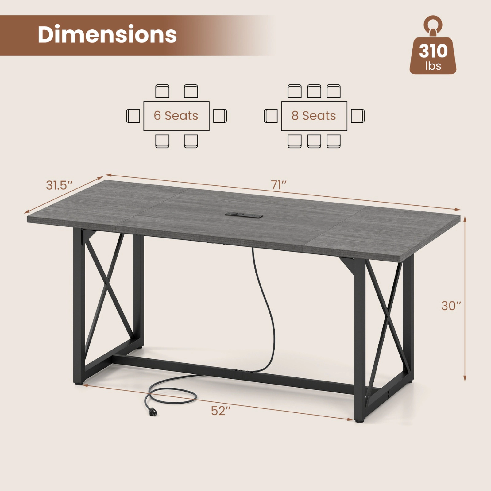 SUGIFT 6 ft Conference Table Gray with Power Outlets for 6-8 People Office Meeting Table
