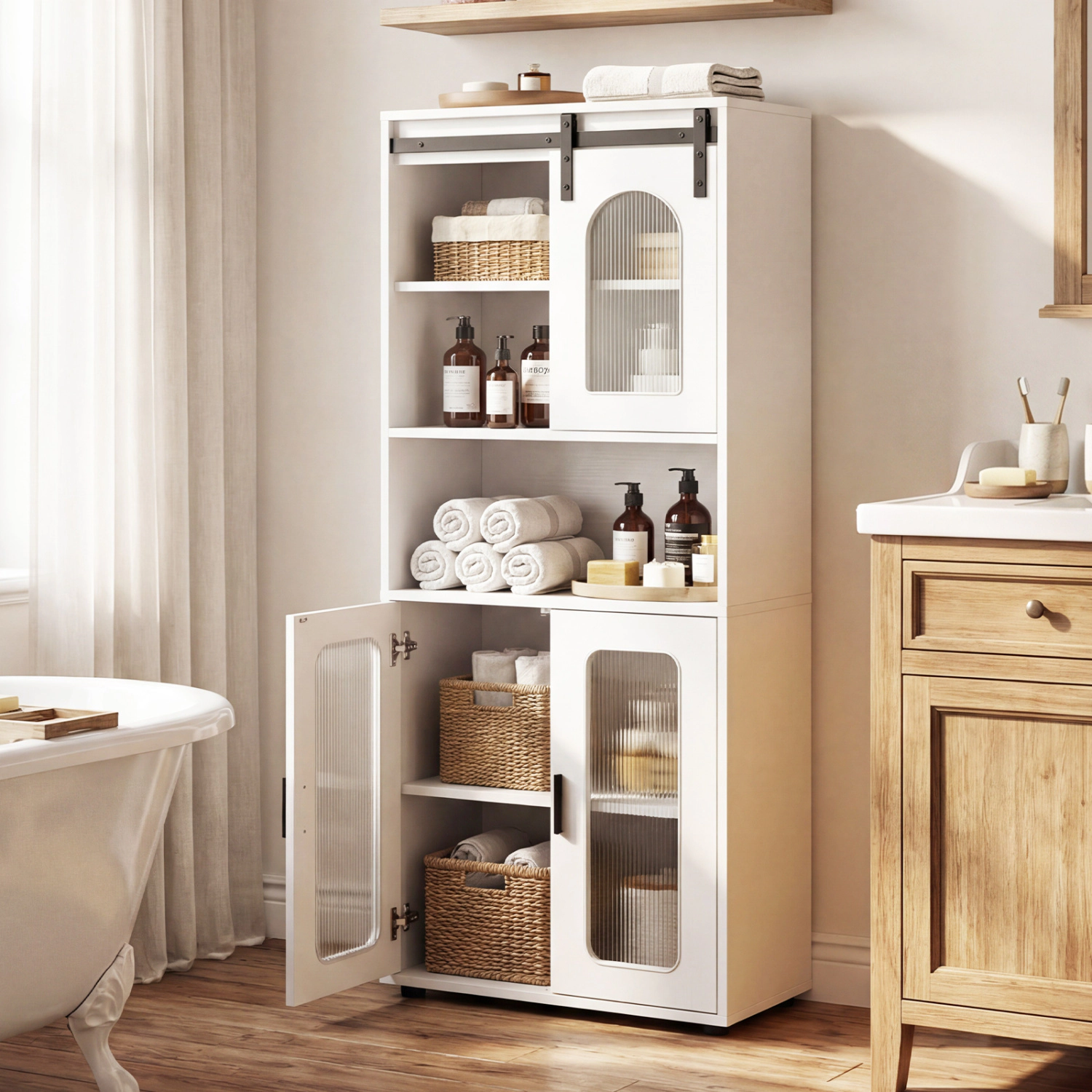 SlickBlue Tall Storage Cabinet with Sliding Barn Door & Double Doors