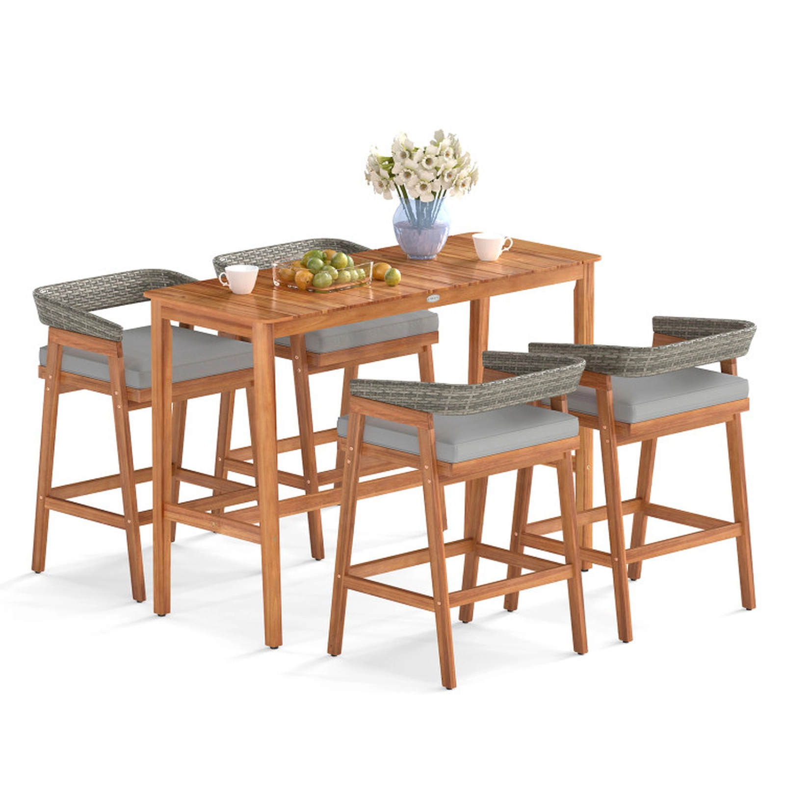 SUGIFT 5-Piece Acacia Wood PE Wicker 4 Cushioned Stools Patio Bar Set 54-in x 22-in x 38-in 165-lb Capacity Gray
