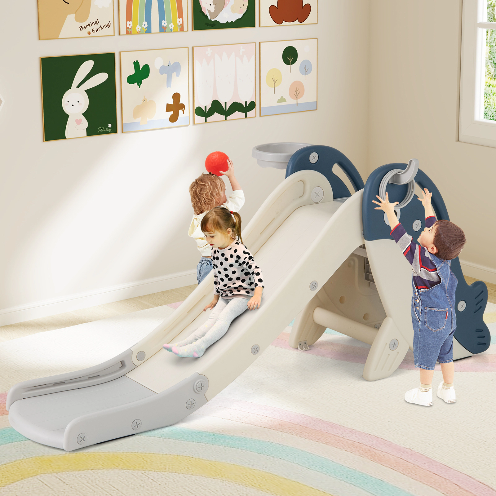 4-in-1 Toddler Slide Indoor Outdoor Freestanding Baby Climber Playset Basketball Hoop Ring Toss 50-in Kids Playground