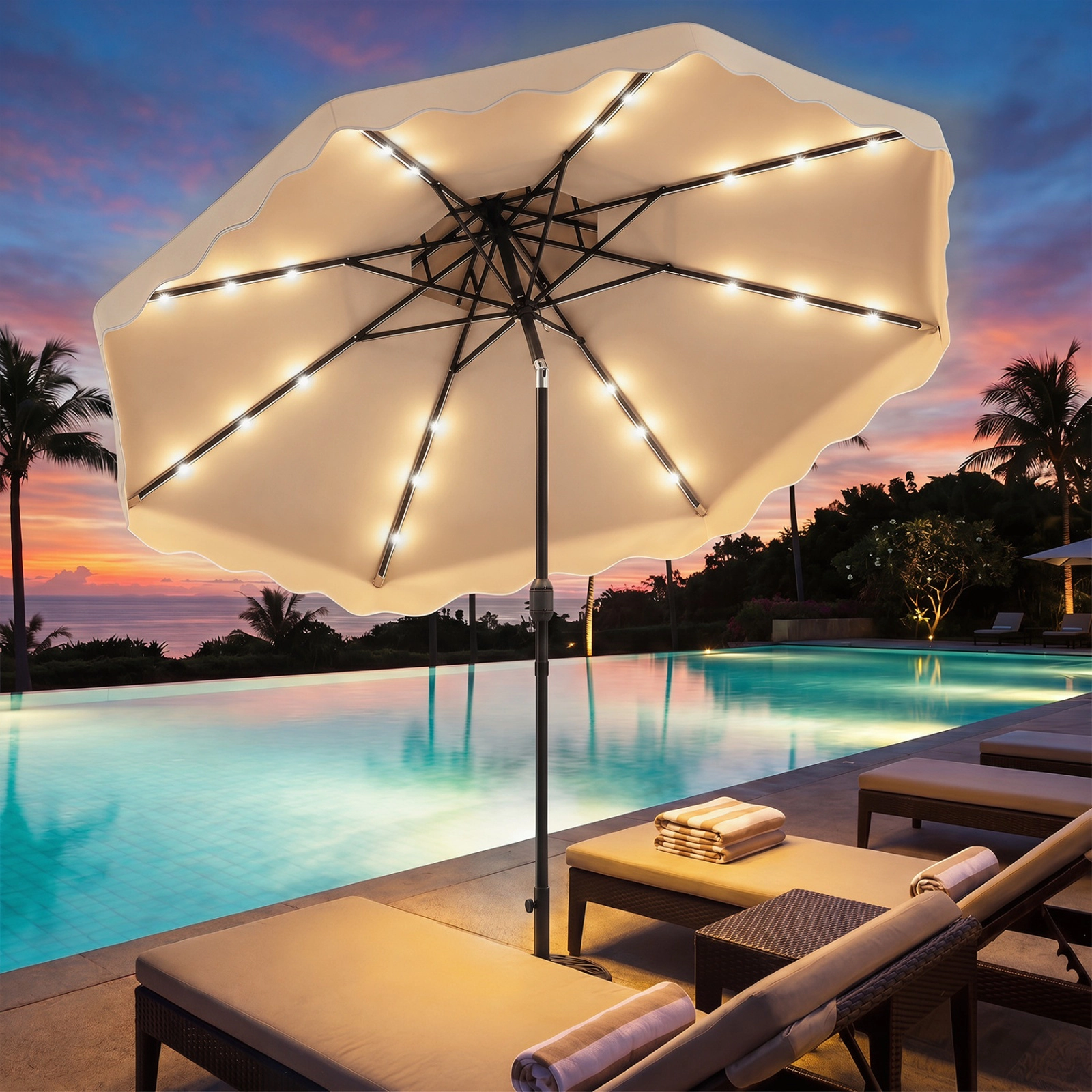 SUGIFT 10-ft Solar LED Patio Umbrella 24 Lights Crank Lift Push-Button Tilt 10 x 8.7-in Canopy 1.5-in Pole 18-lb Net