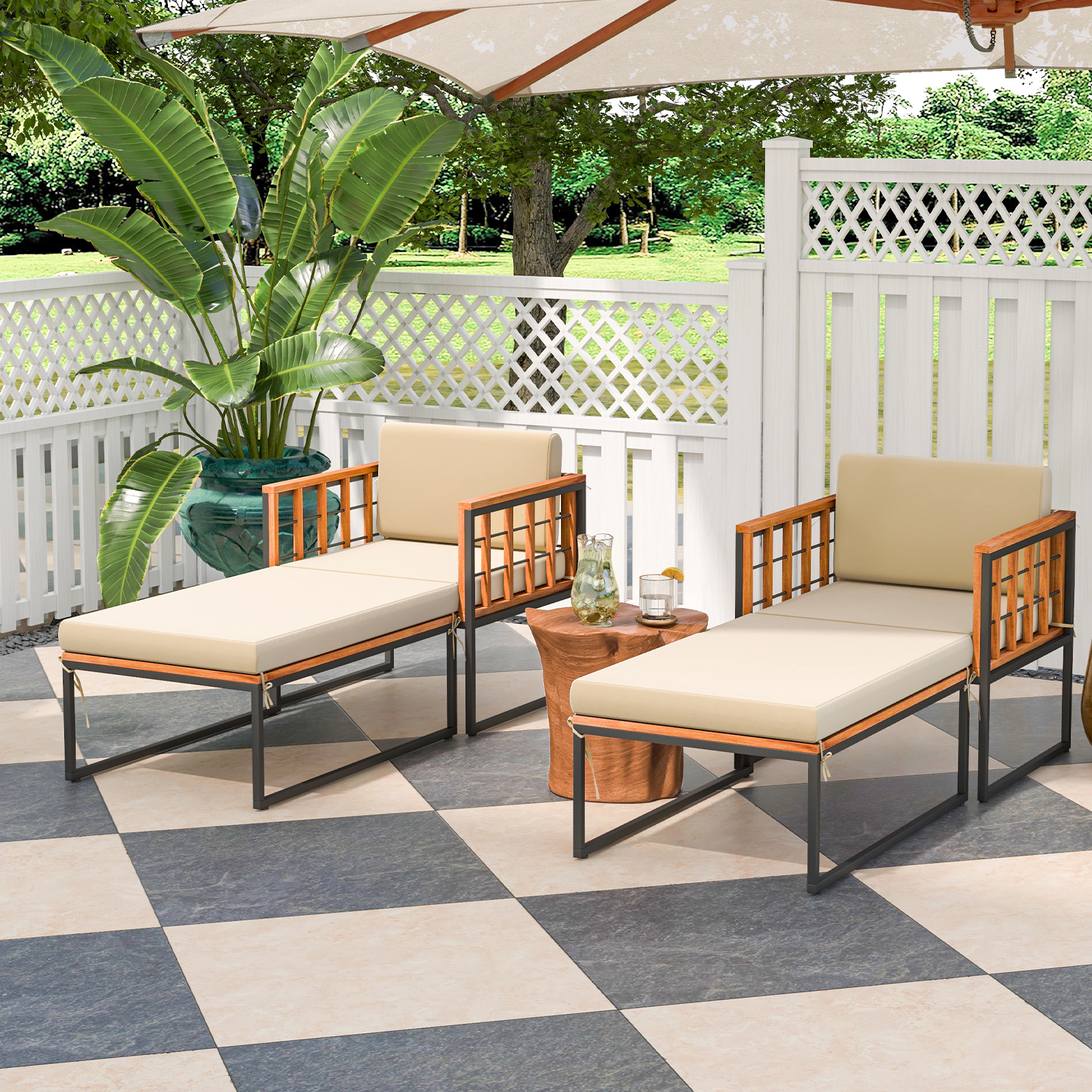 LJG Patio Acacia Wood Armchair with Long Ottoman and Seat Back Cushions