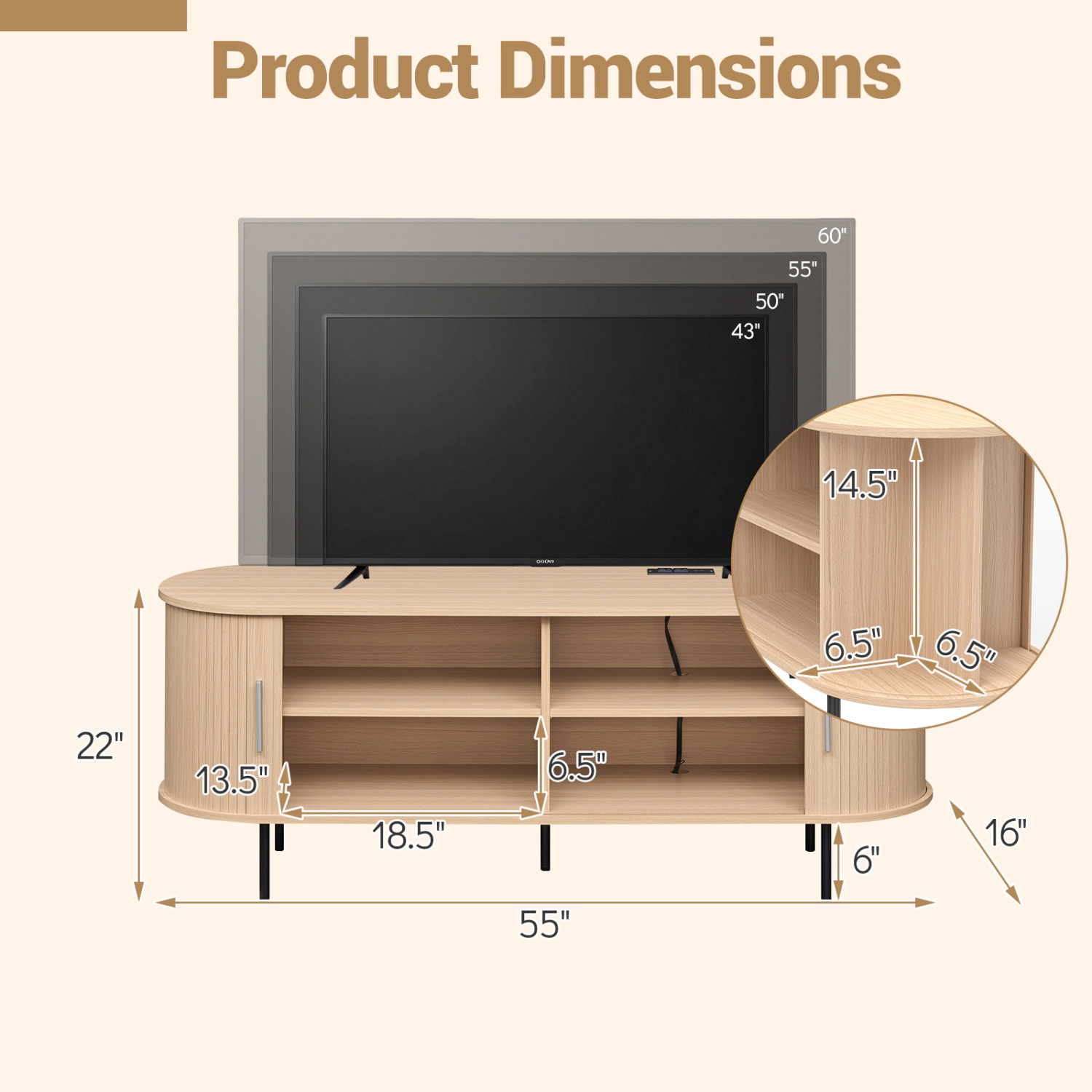 Glintex 55-Inch Fluted TV Stand with Roll-Up Door and Charging Ports
