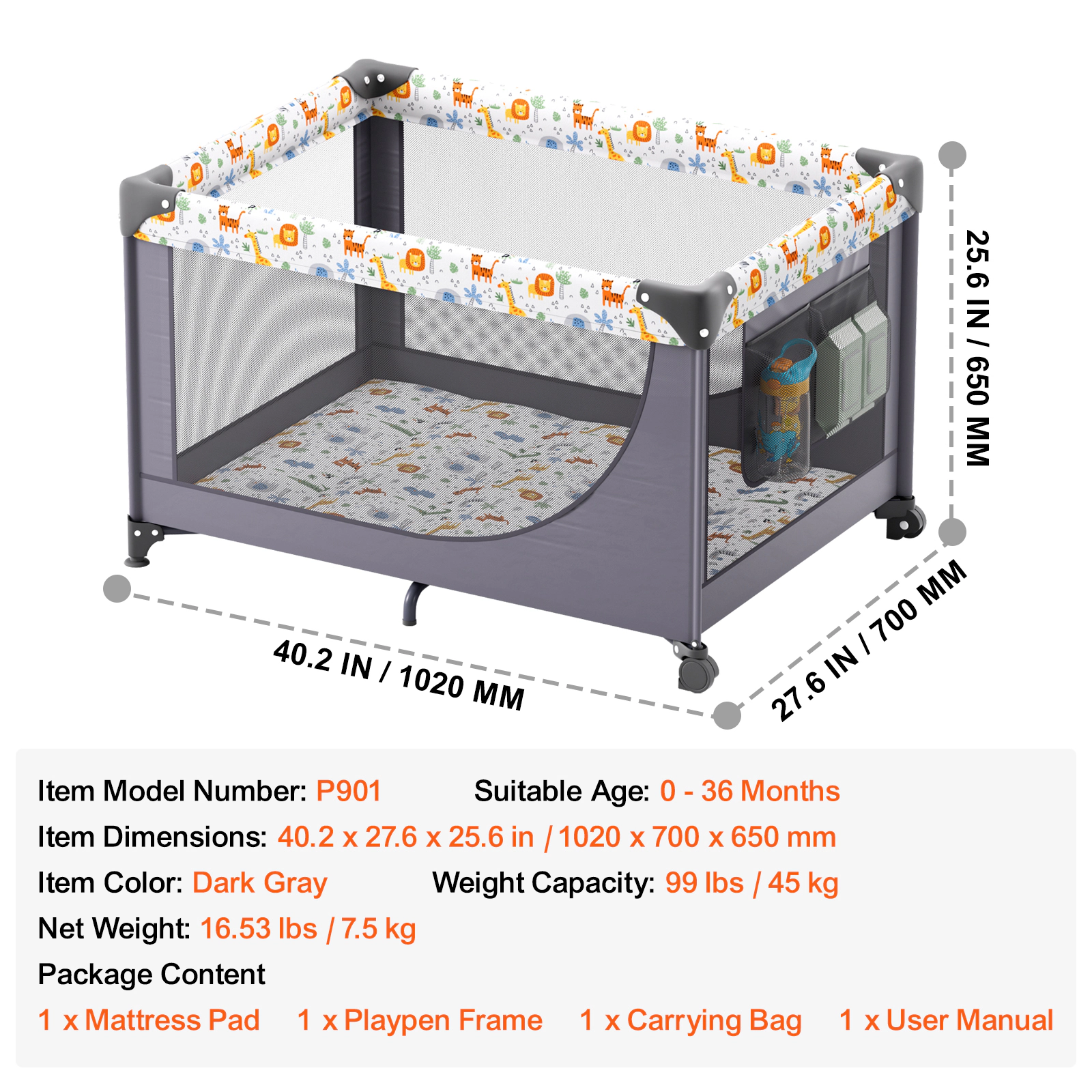 HONGGE Portable Baby Playpen Travel Crib with Wheels, Foldable Play Yard Holds 99 lbs for 0-36 Month Toddlers
