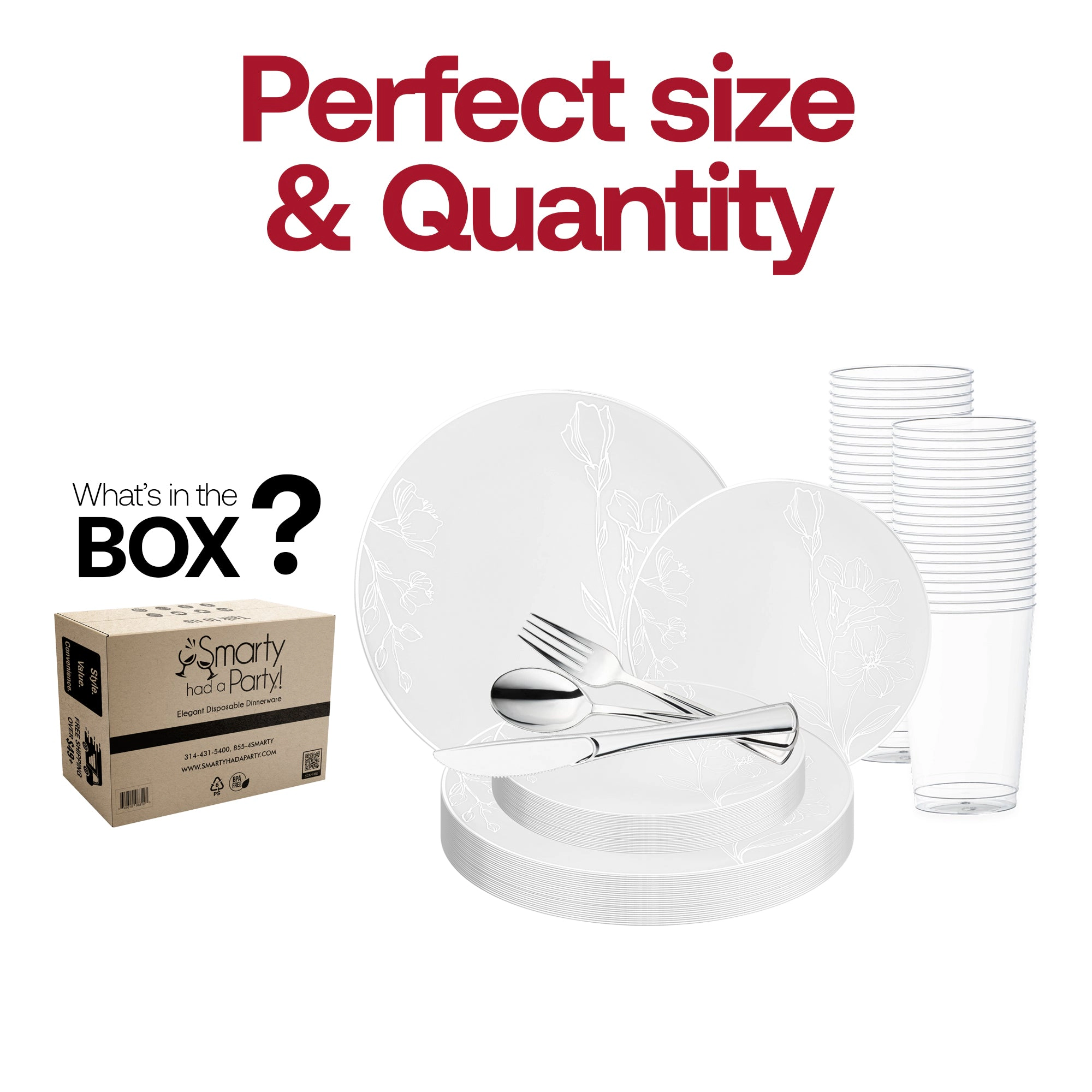 Smarty Had A Party White with Silver Antique Floral Round Disposable Plastic Wedding Value Set