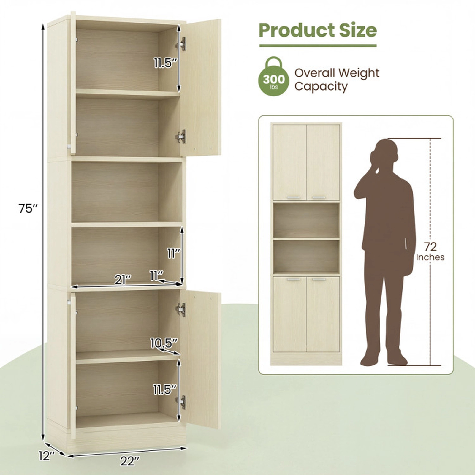 SUGIFT 75-in Tall 2 Cabinets 2 Open Shelves Kitchen Pantry Storage Cabinet 22-in x 12-in 300-lb Capacity Beige