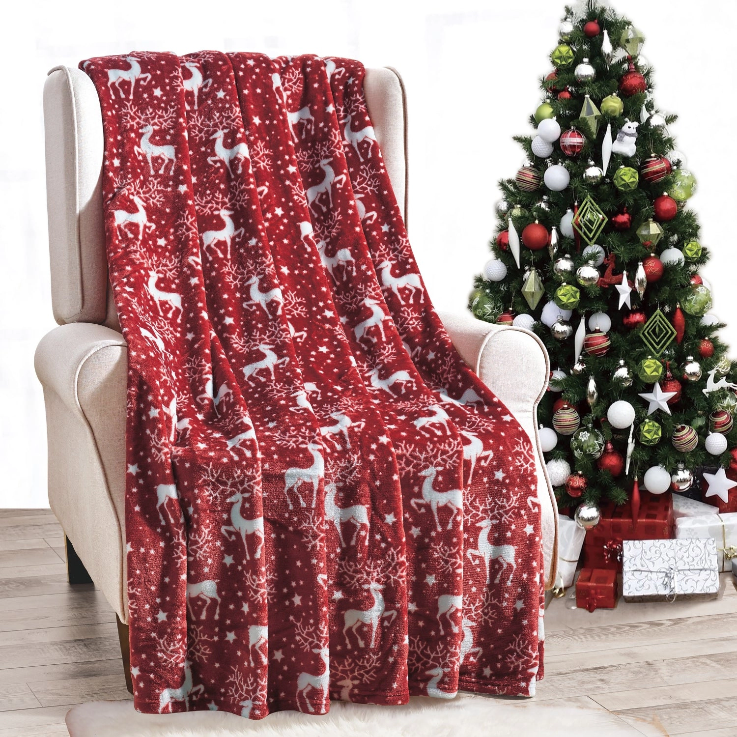 Plazatex Reindeer Christmas Plush All Season Decorative Throw Blanket 50" X 60" Red