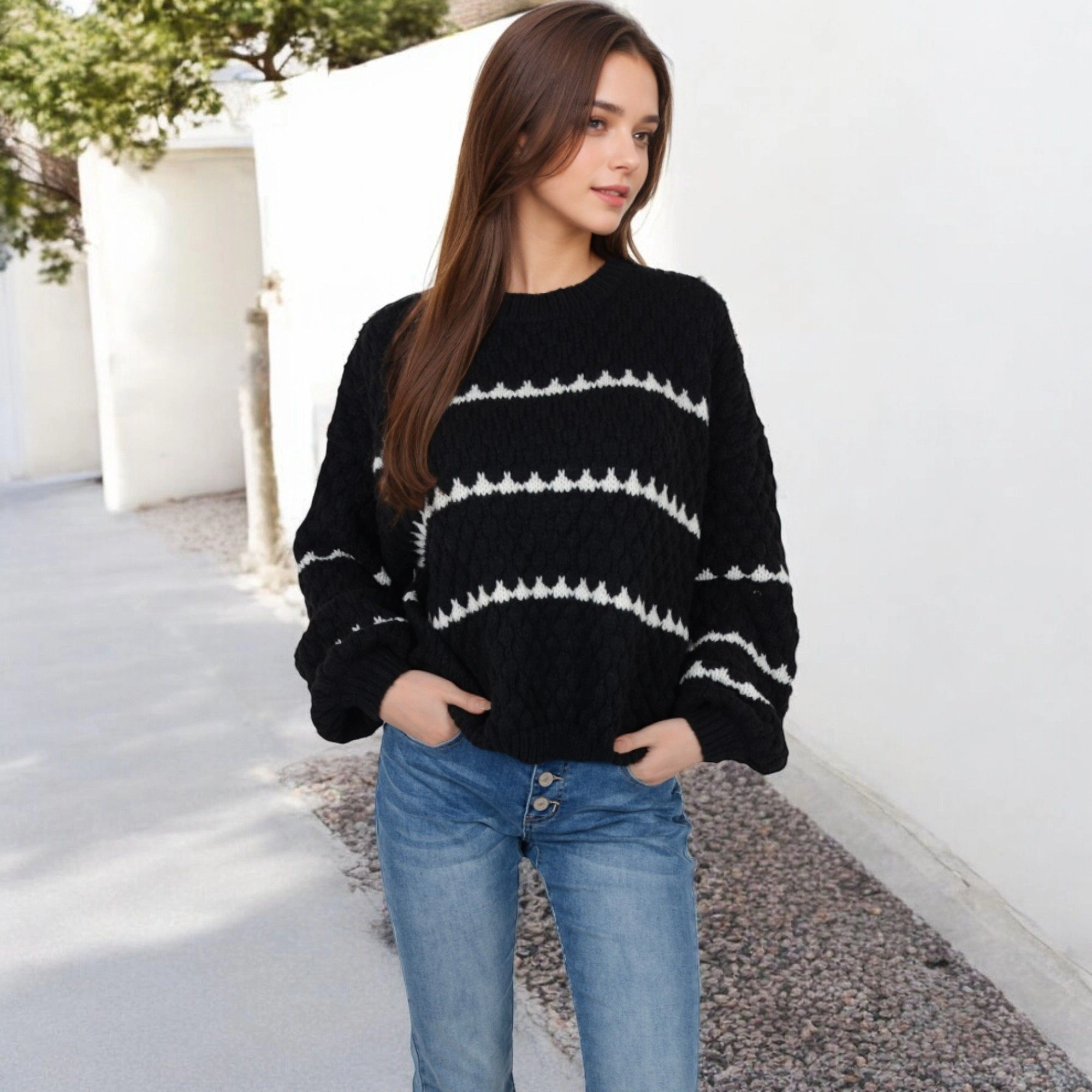 Anna-Kaci Women's Oversized Cable Knit Sweater with Contrast Stripes