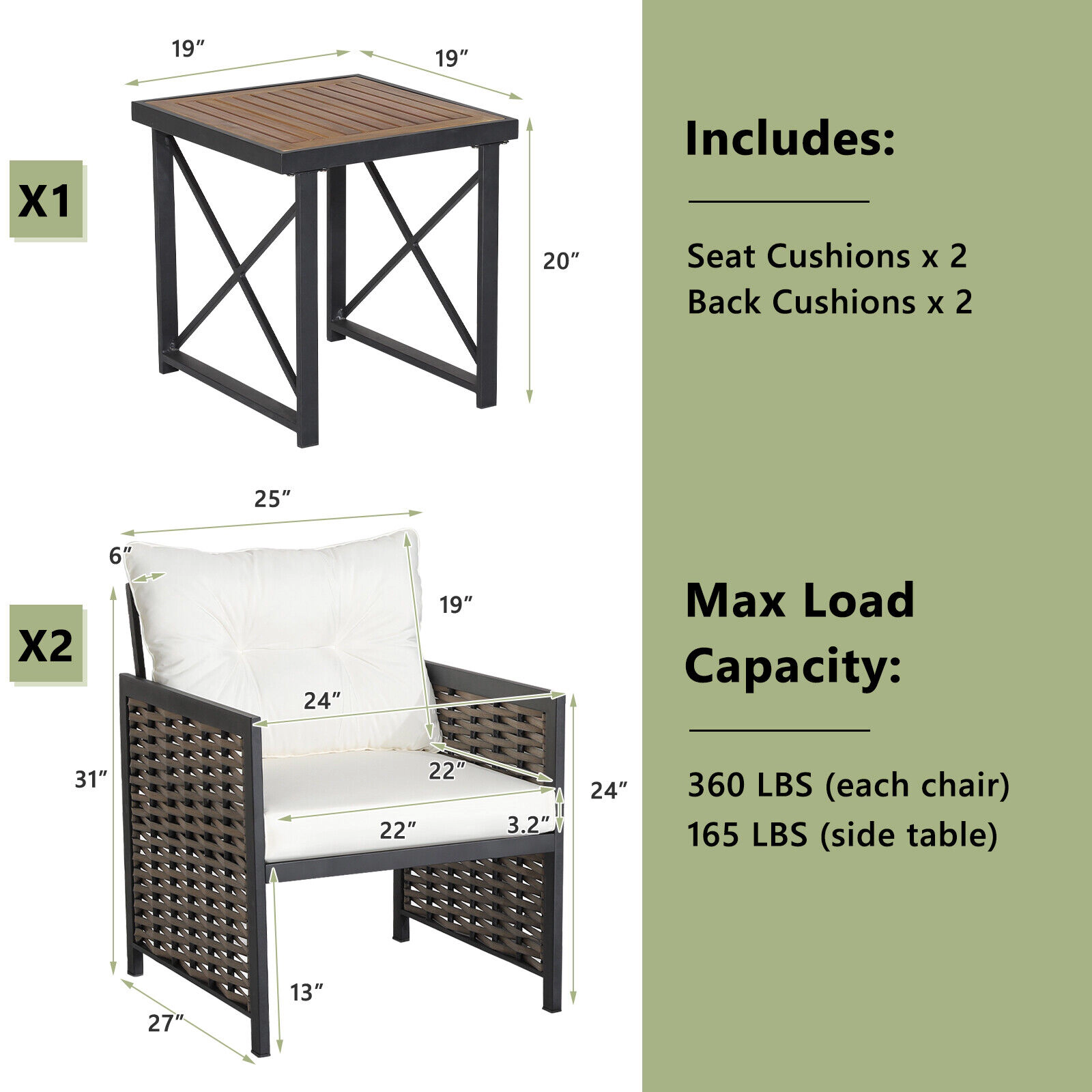 SUGIFT Acacia Wood Tabletop and Thick Back Cushions 3-Piece White Patio Rattan Set