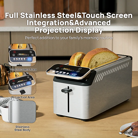 WHALL Long Slot 4-Slice Touchscreen Toaster, 1.5" Wide Slots, 5 Bread Types, 11 Browning Shades, Stainless Steel Gray