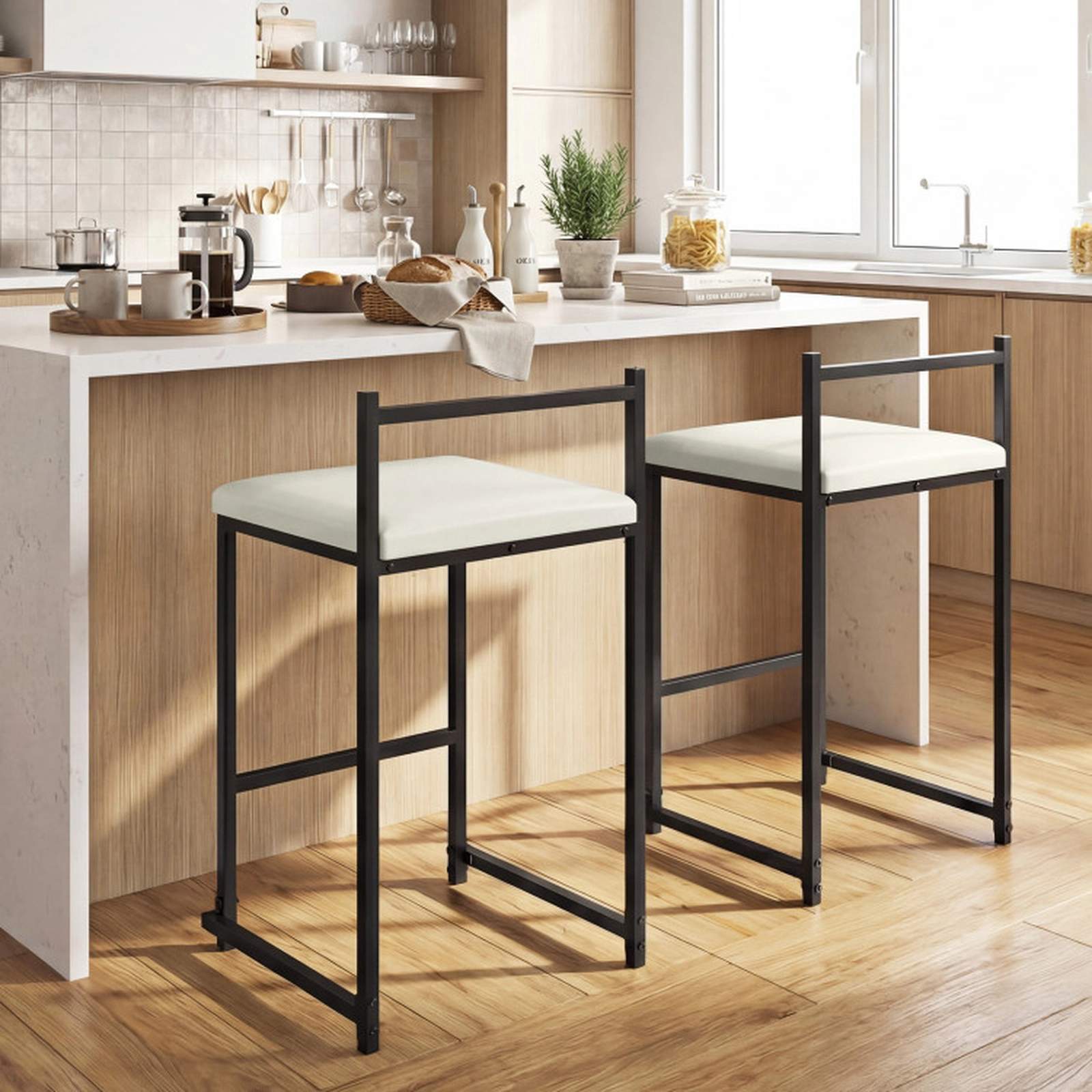 SUGIFT Set of 2 Stackable Counter Height Bar Stools Footrest 400-lb Capacity 26-in Seat Black Frame Light Gray Cushions