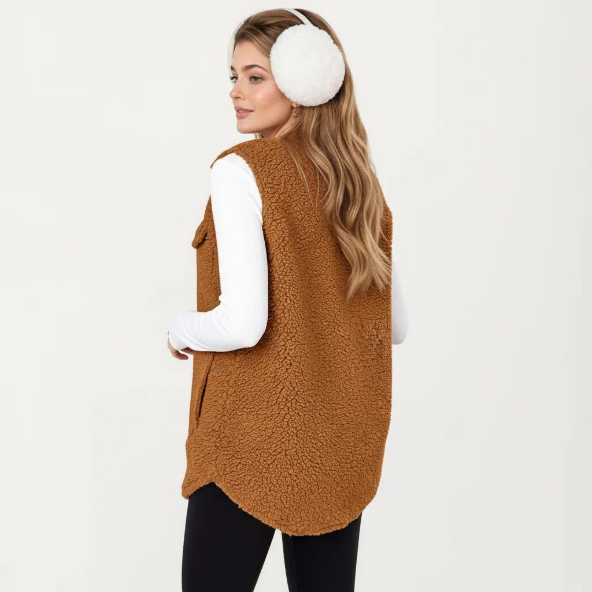 Anna-Kaci Women's Faux Shearling Button Front Vest with Collared Neckline, Chest Flap Pockets, and Longline Fit