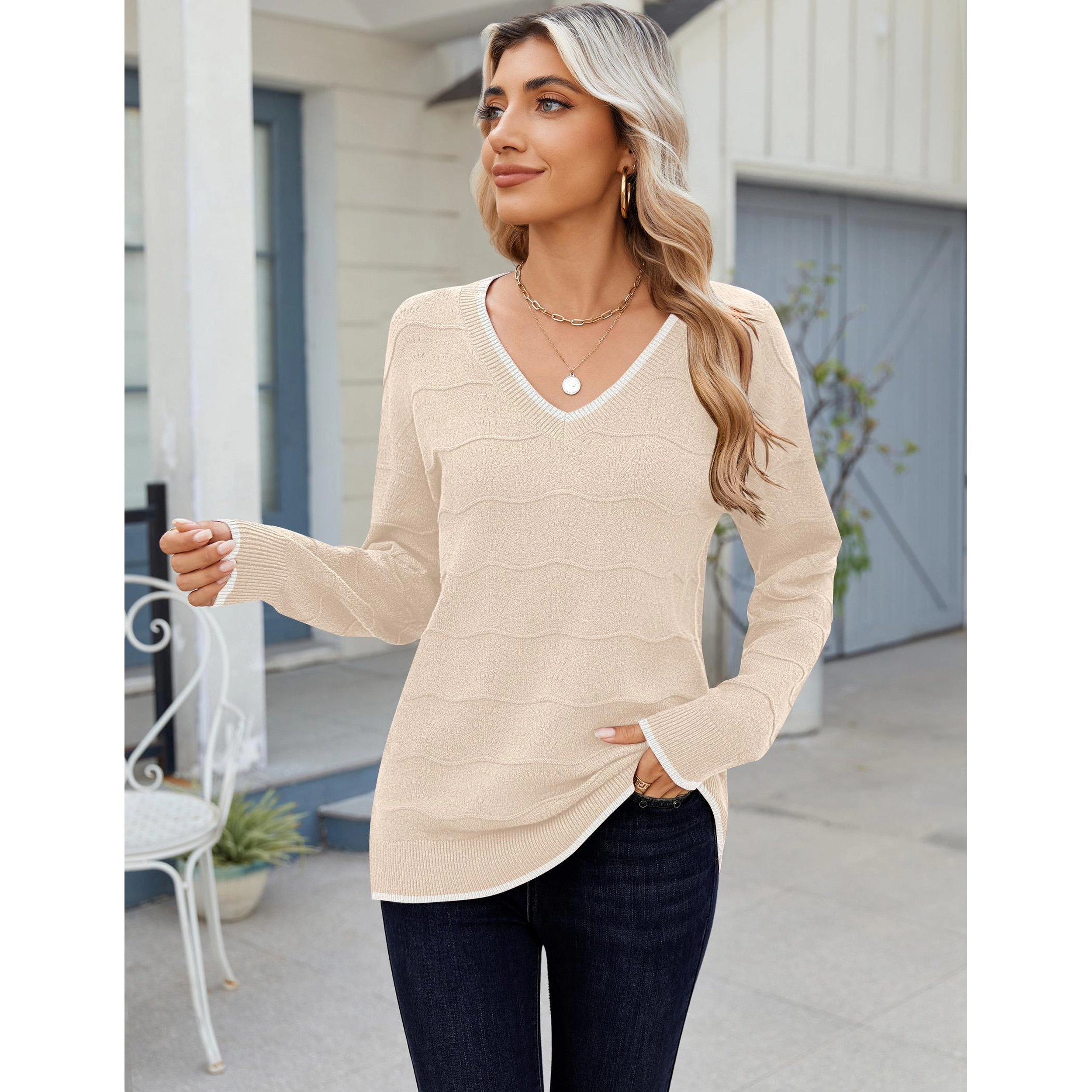 Zeagoo Women's Long Sleeve V-Neck Crochet Loose Pullover