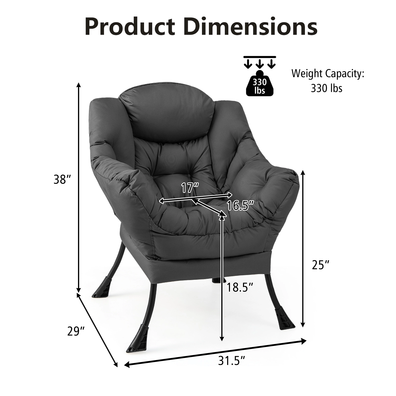 SUGIFT Modern Polyester Fabric Lazy Chair Single Sofa with Steel Frame 330-Lb Capacity Gray