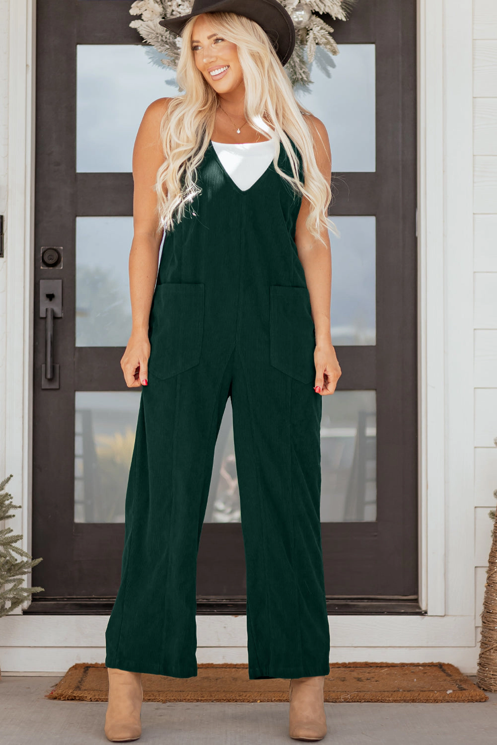 Threaded Pear Women's Elle Corduroy Patched Sleeveless Jumpsuit