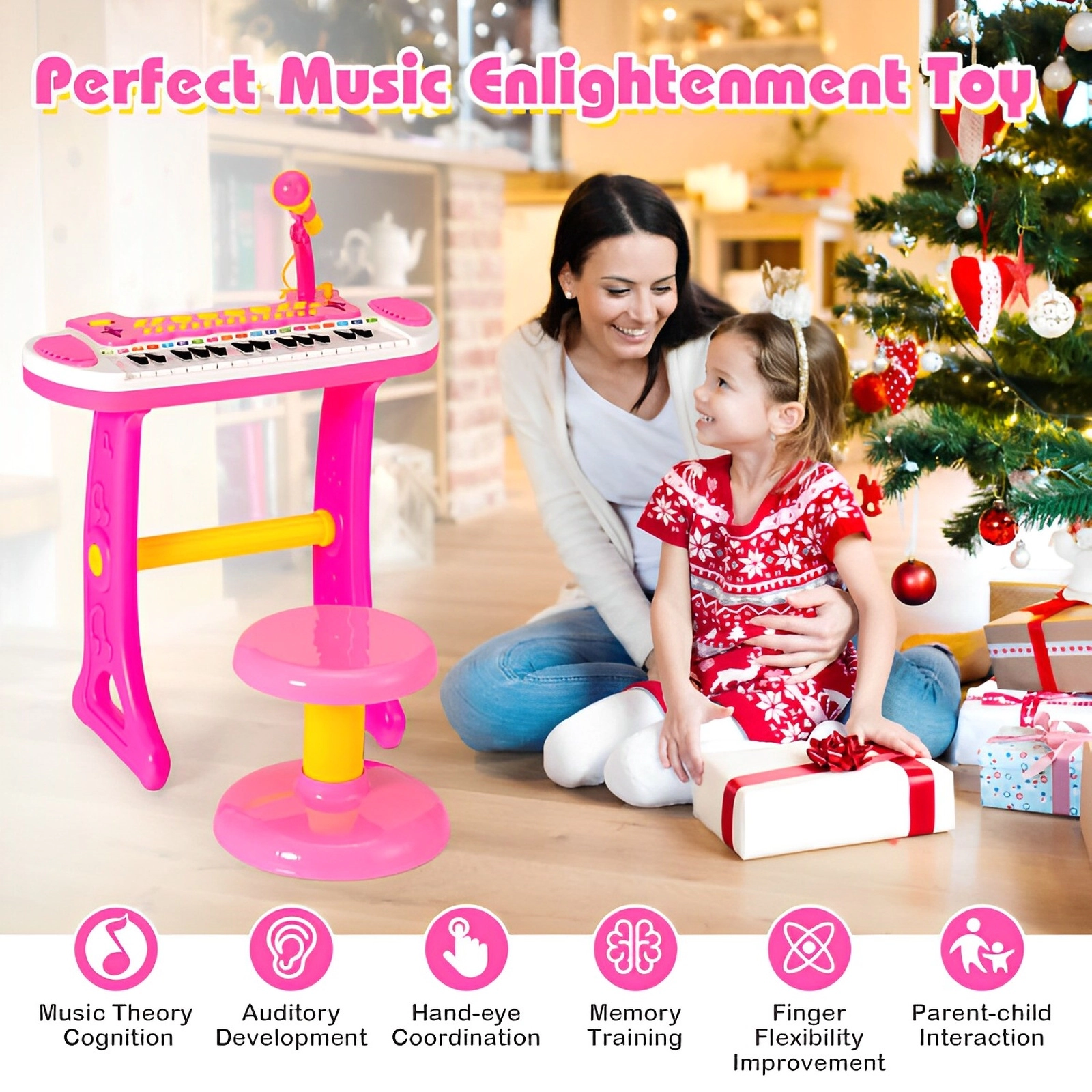 SUGIFT Kids 31-Key Piano Keyboard Toy Adjustable Microphone Stool 22 Demo Songs 8 Tones 18 x 9 x 18-in Ages 3+ Pink