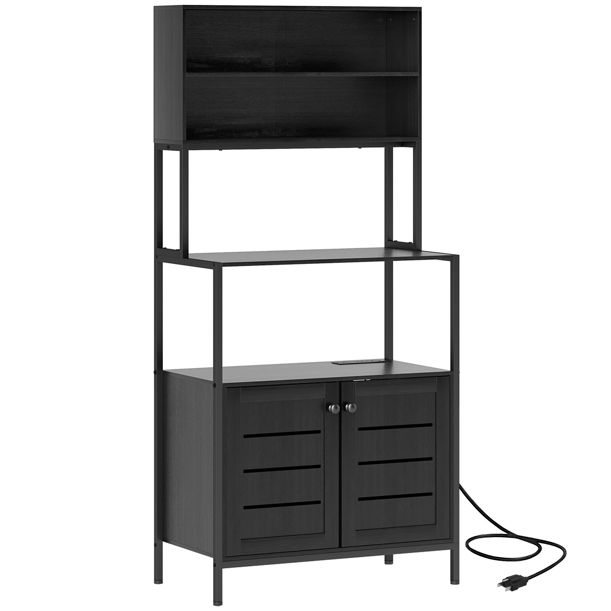 HONGGE Black Kitchen Baker's Rack with Power Outlet, Storage Shelves and Louvered Microwave Stand Cabinet