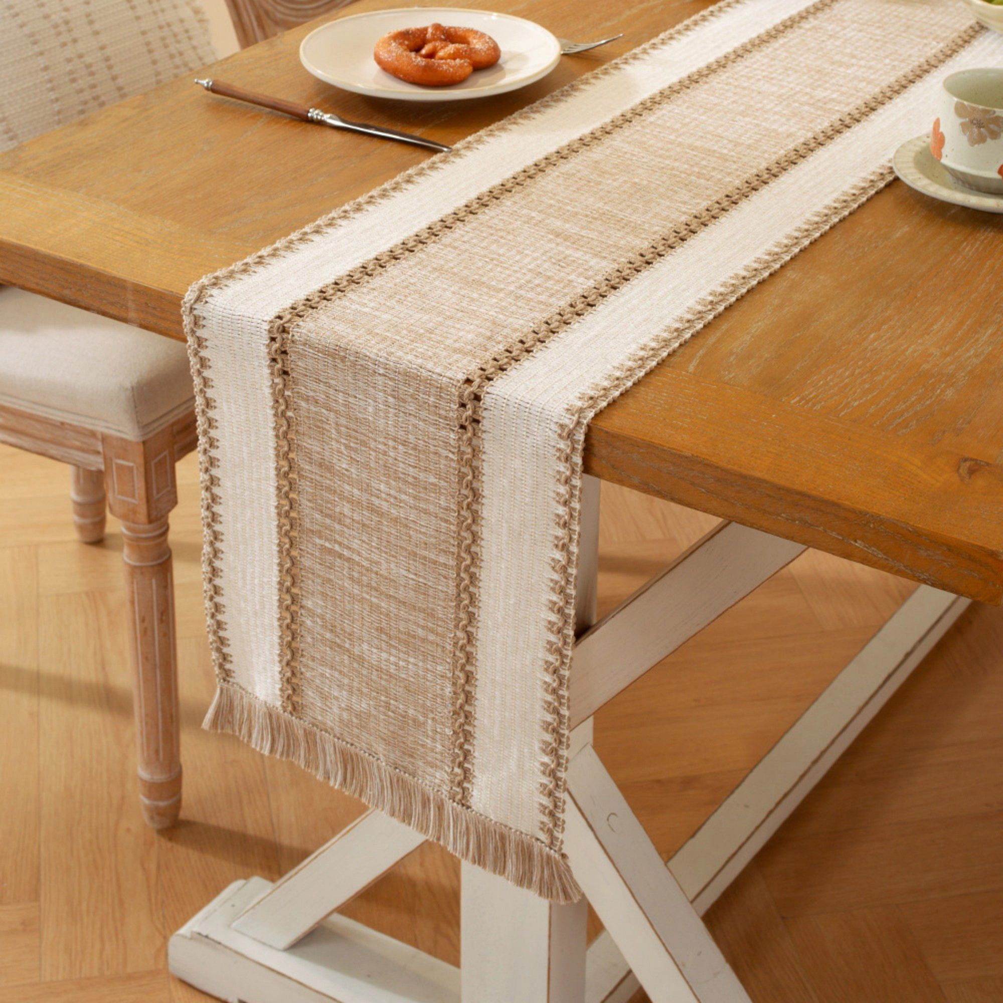 Alilang Women Textured Woven Table Runner with Fringe Trim and Neutral Stripe Pattern 47x11.8
