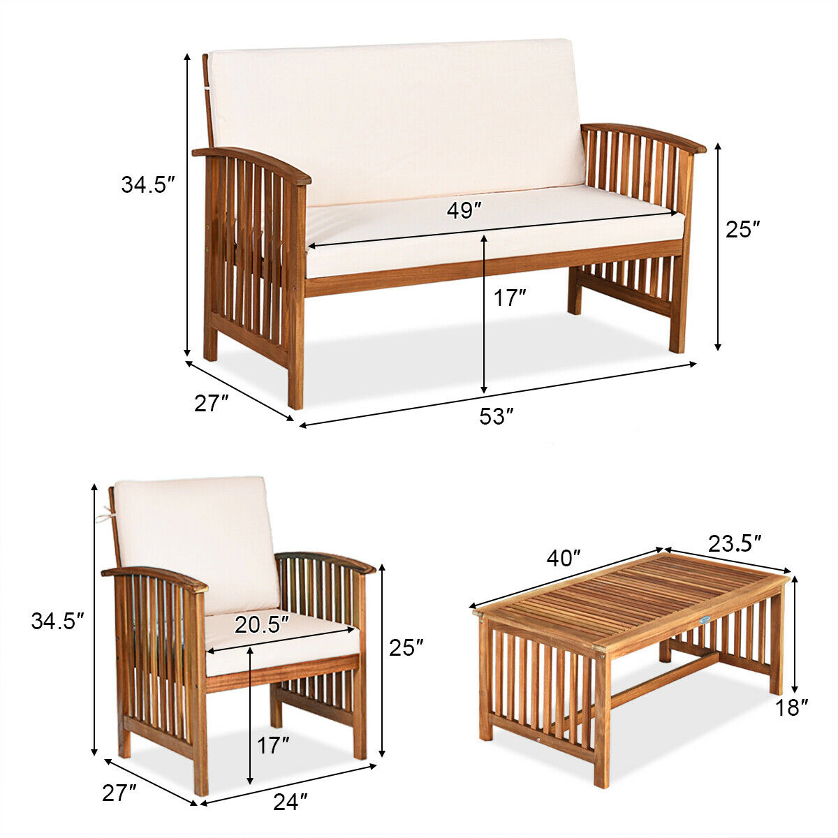 SUGIFT Loveseat and Table 4-Piece Solid Acacia Wood Patio Sofa Set
