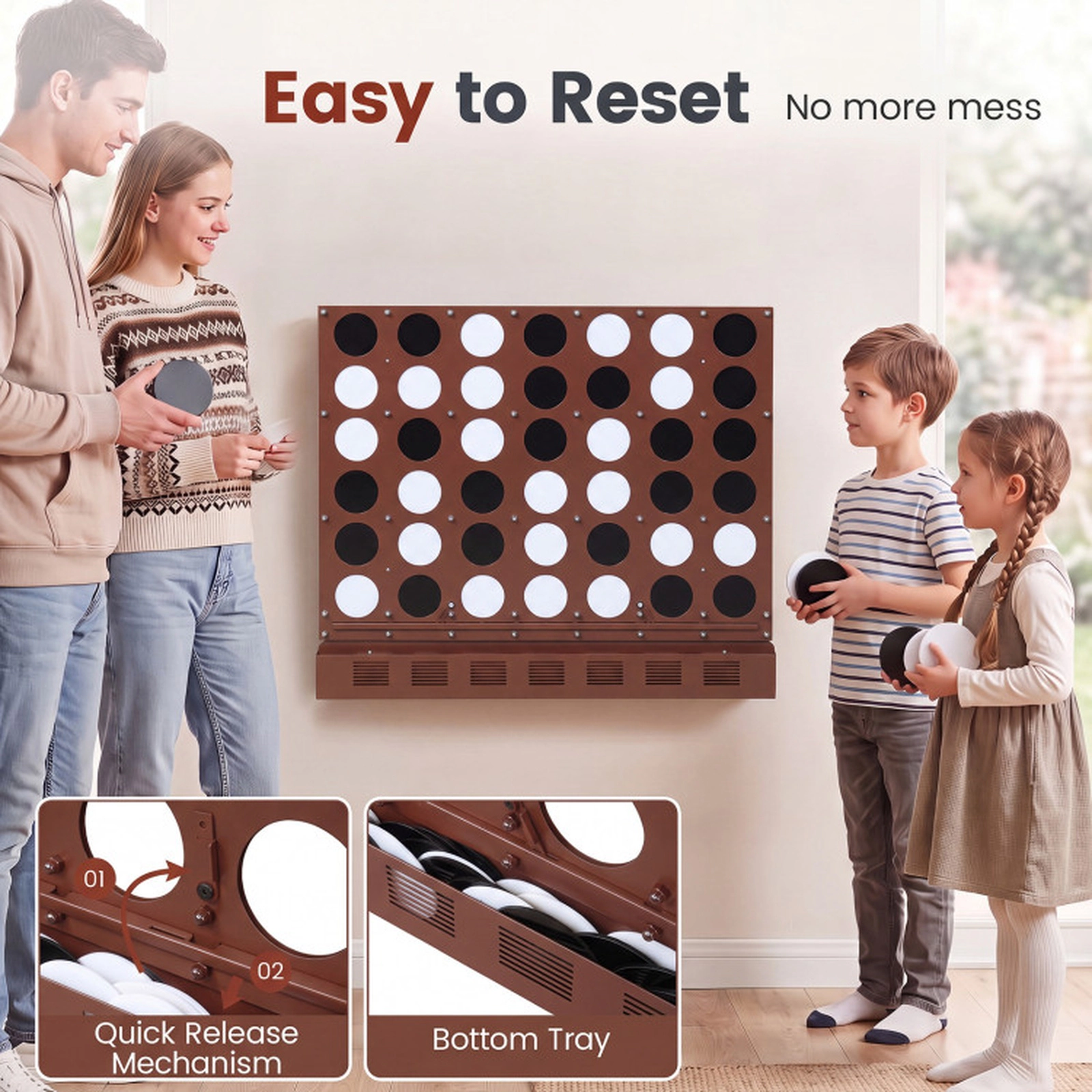 SUGIFT Walnut Jumbo 4-in-a-Row Wall Mounted Game with Acrylic Discs and Metal Frame 40.5-in W 1.5-in D 34.5-in H