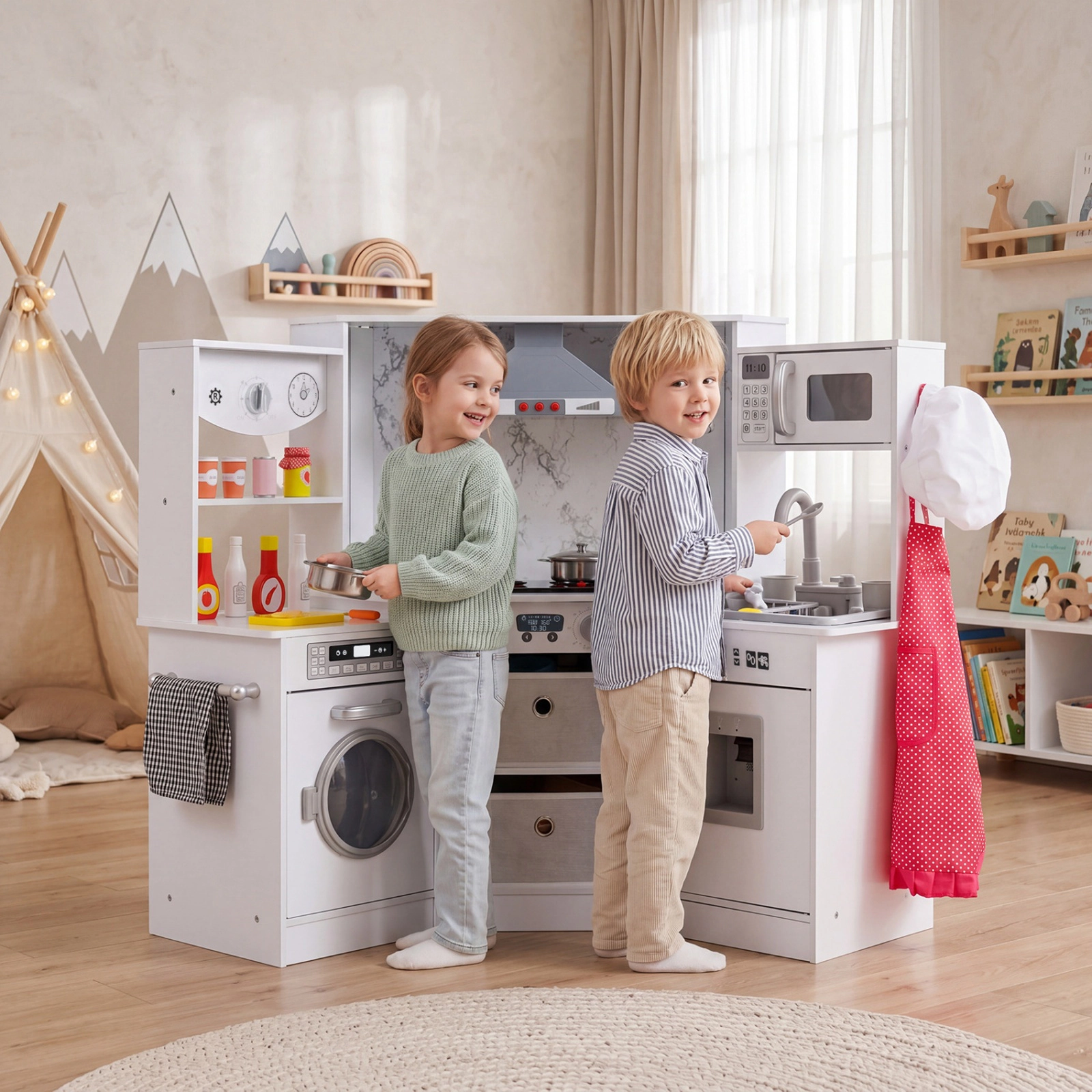 SUGIFT Wooden Kids Play Kitchen Playset White 40 in with Lights Sounds and Water Circulation