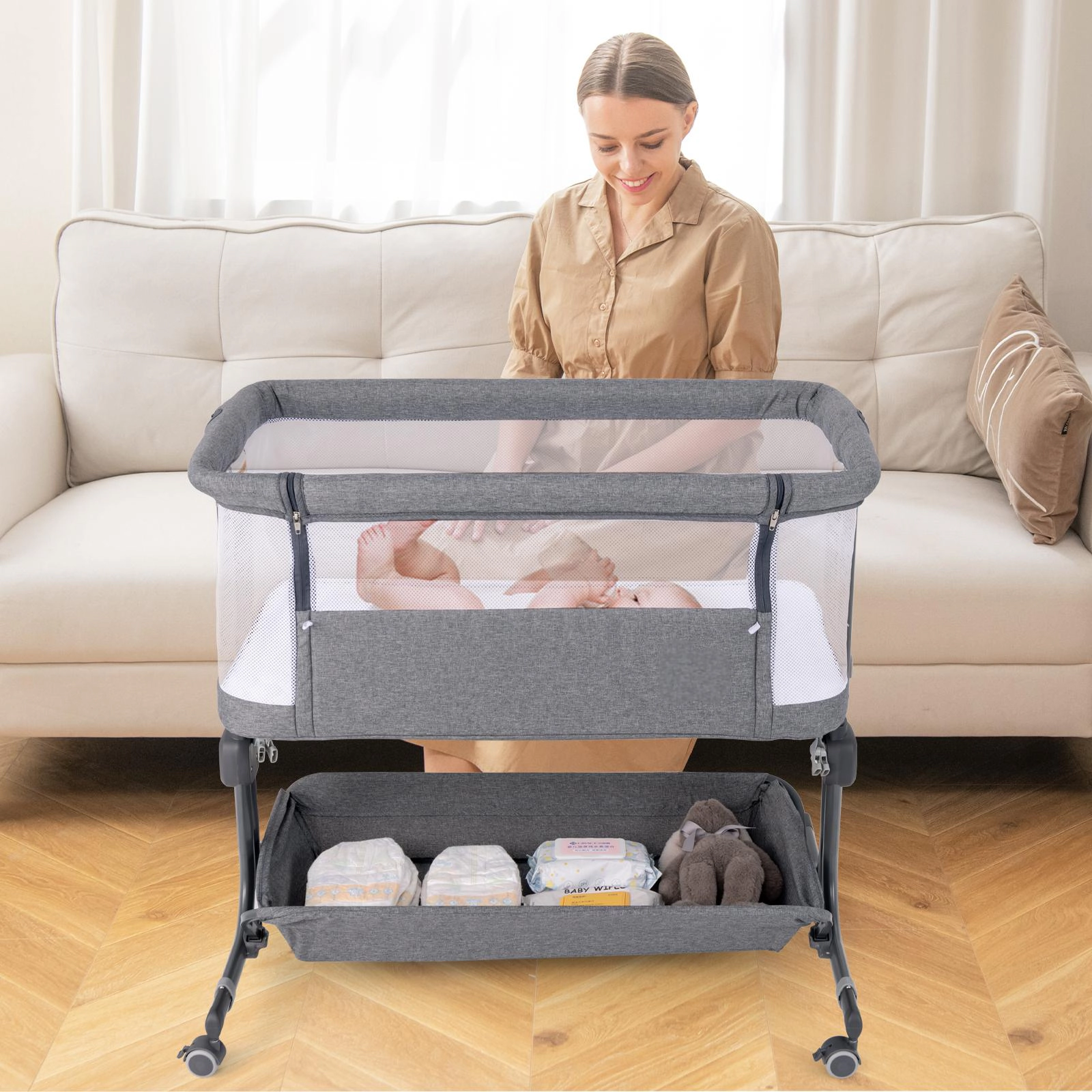 SUGIFT 3-in-1 Baby Bassinet Bedside Sleeper with 6-Position Adjustable Height 20-lb Capacity Ages 0-6 Months Gray