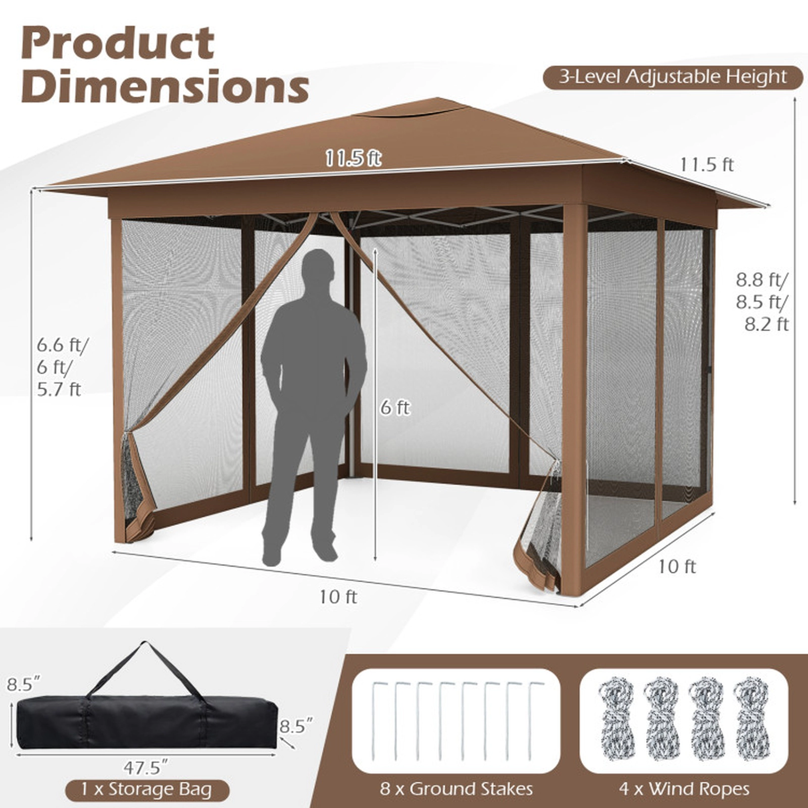 SUGIFT Brown Instant Pop Up Canopy Tent with Mesh Screen Netting and 8 Ground Stakes 11.5-ft W 11.5-ft D 8.8-ft H
