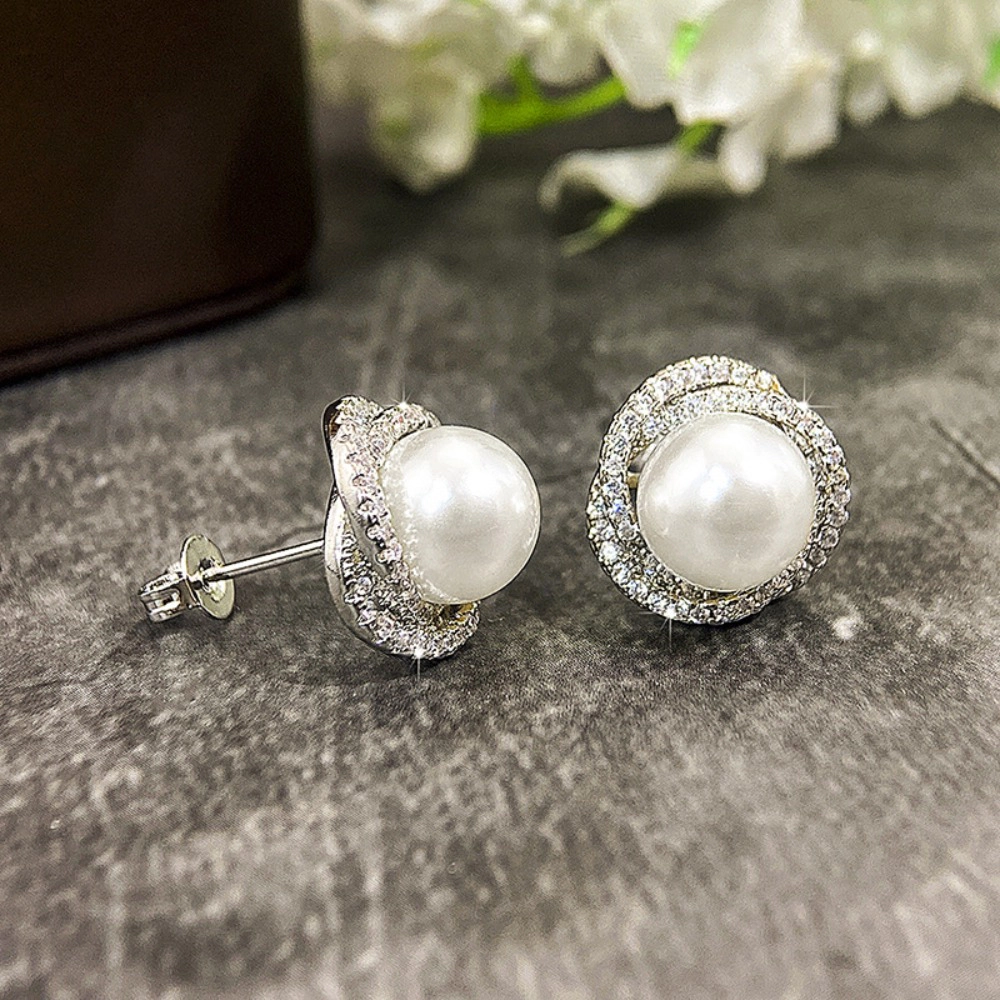 Wardrobe Whimsy Twisted Halo Pearl Cubic Zirconia Stud Earrings for Women