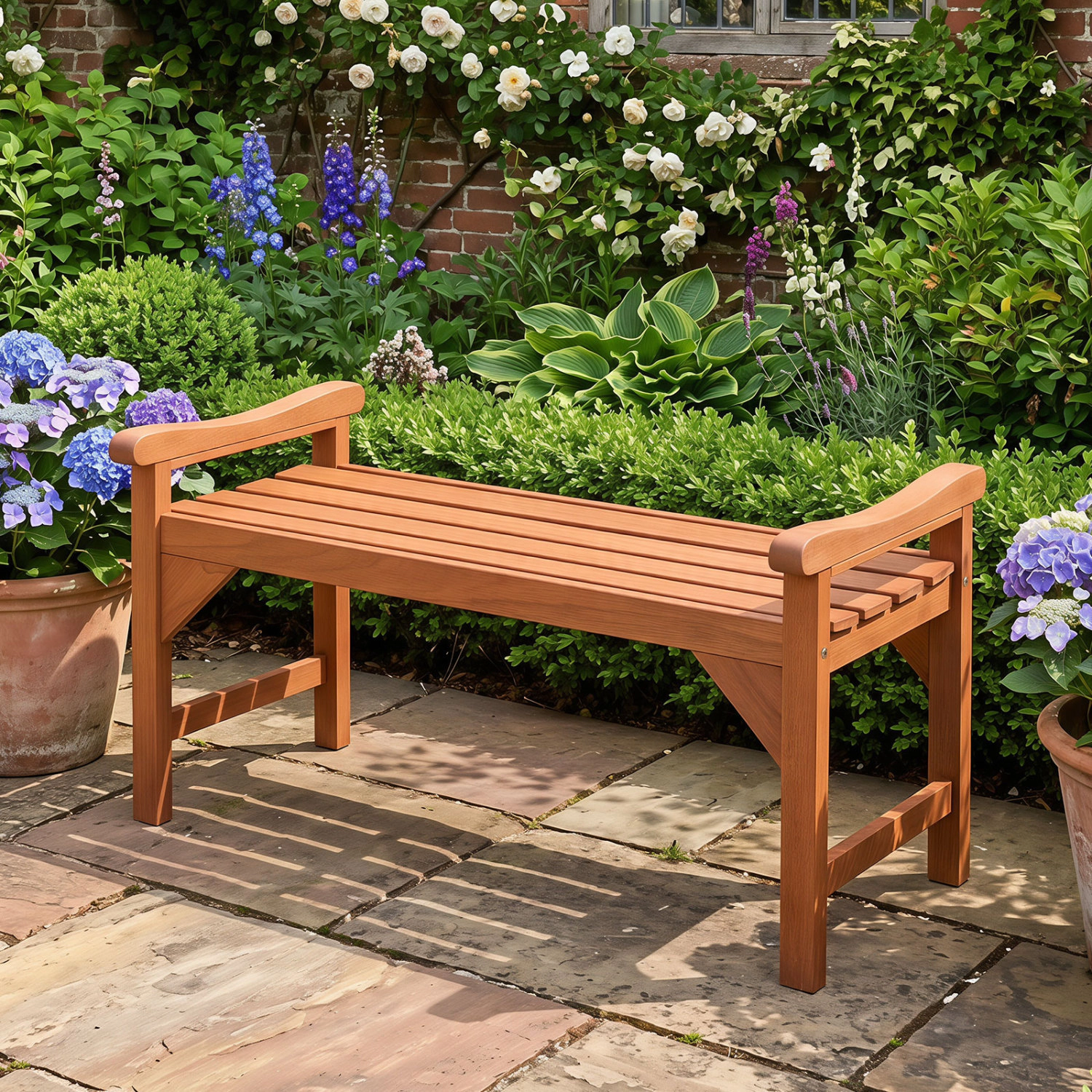 LJG Solid Wood Backless Garden Bench with Support Handles and Curved Slatted Seat for Deck