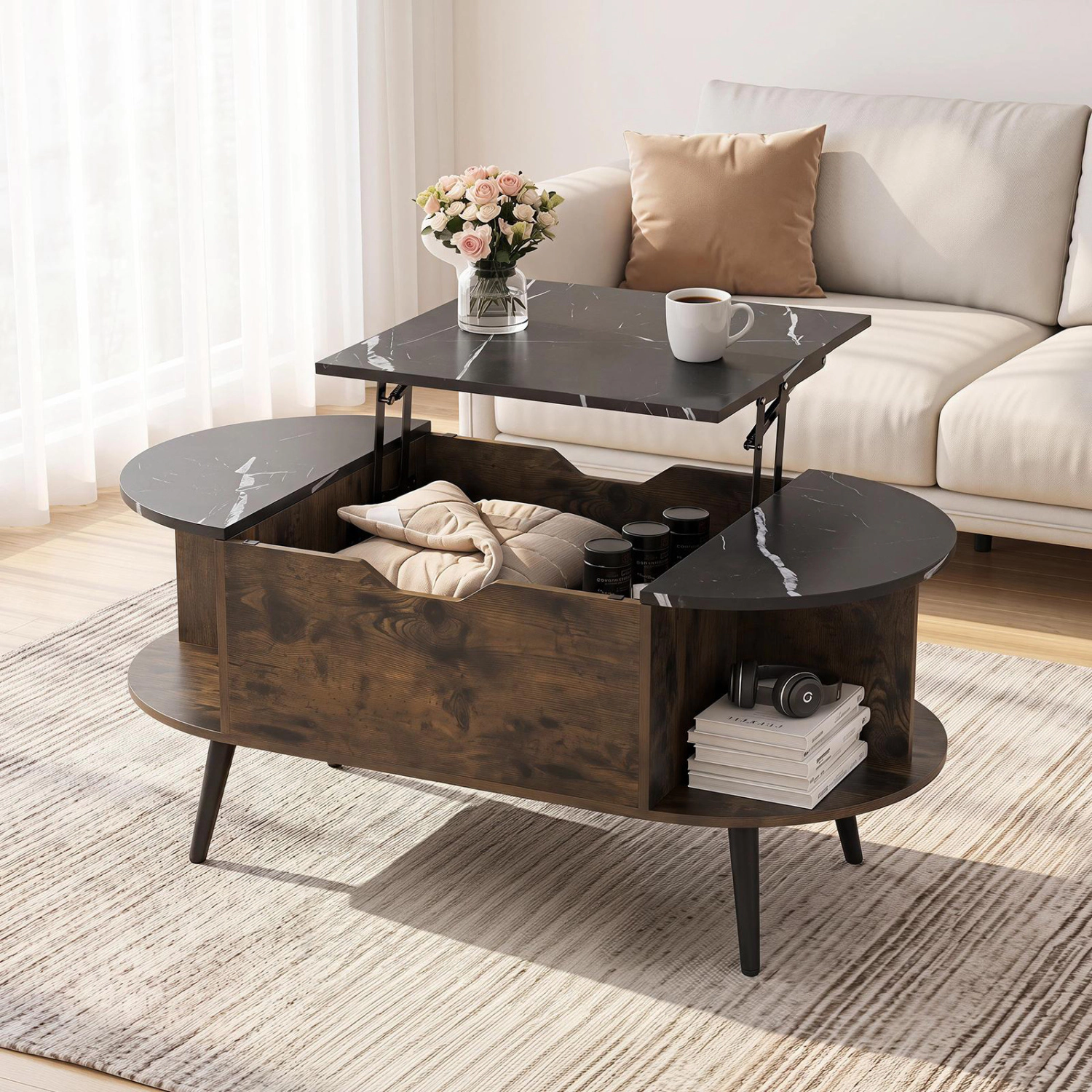LJG Faux Marble Lift Top Coffee Table with Hidden Compartment and Shelves