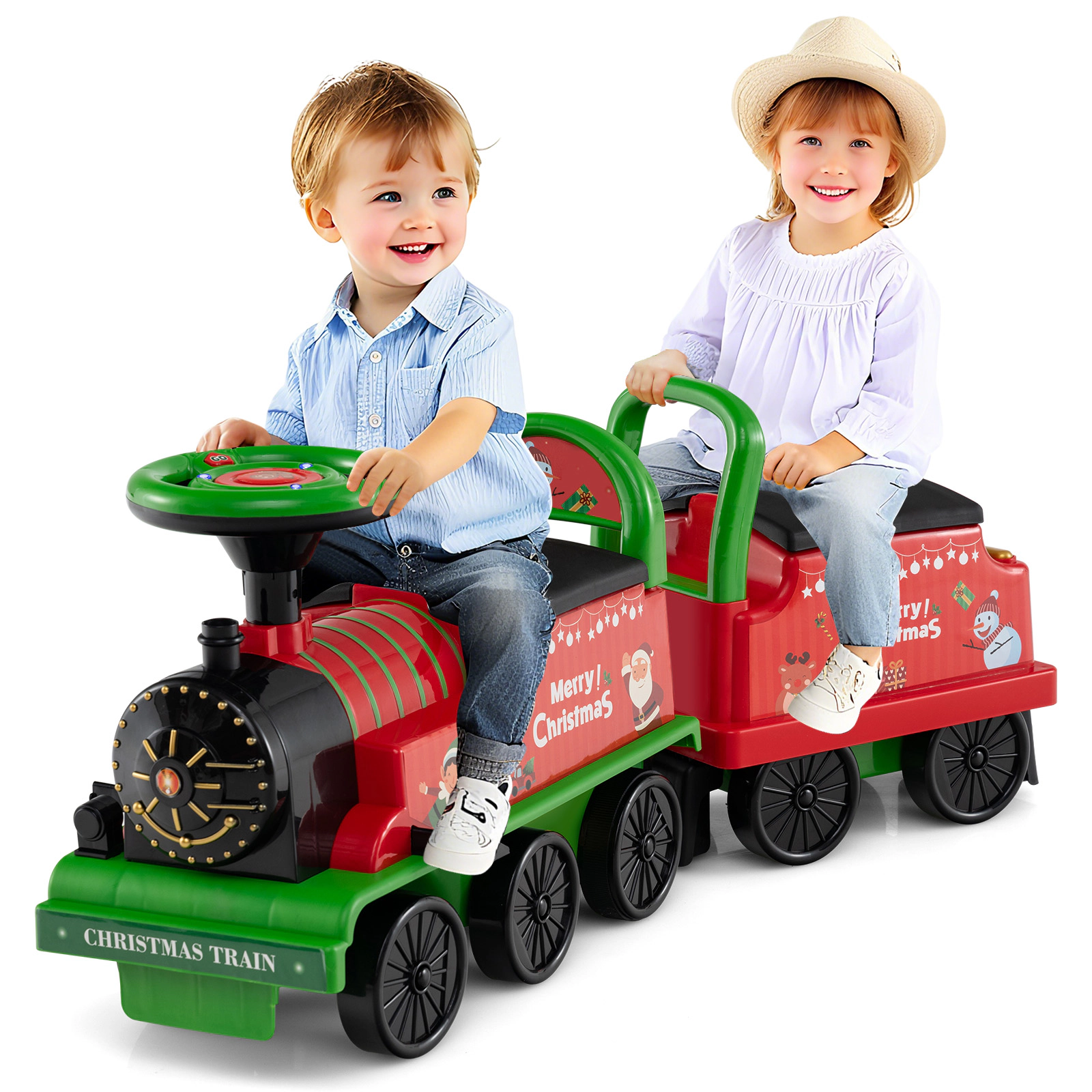 LJG Kids 6V Ride on Train 2-Seater with Carriage and Flashing LED Lights