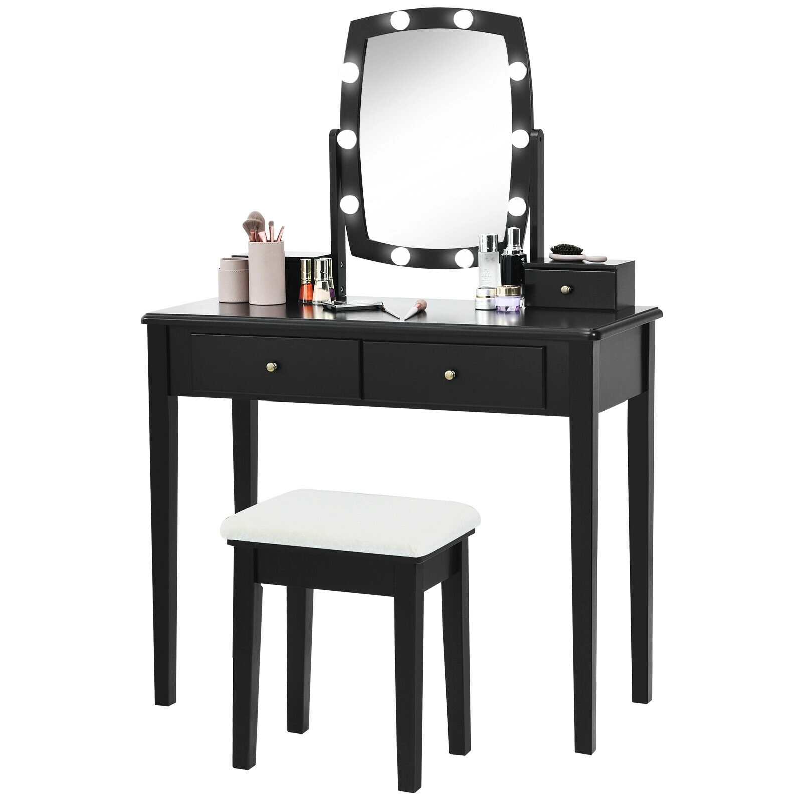 SUGIFT 4-Drawer Vanity Table Set with 360-Degree Lighted Mirror and Stool 110-lb Table 200-lb Stool Capacity Black
