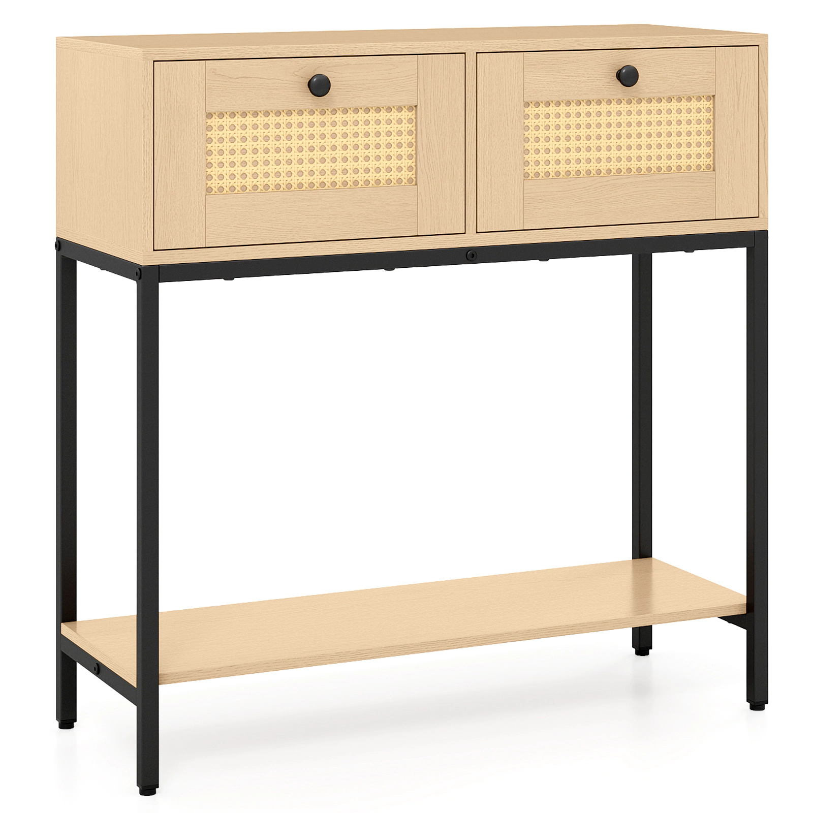 Hivvago Rattan Console Table Boho Entryway Table with 2 Rattan Drawers and Open Storage Shelf