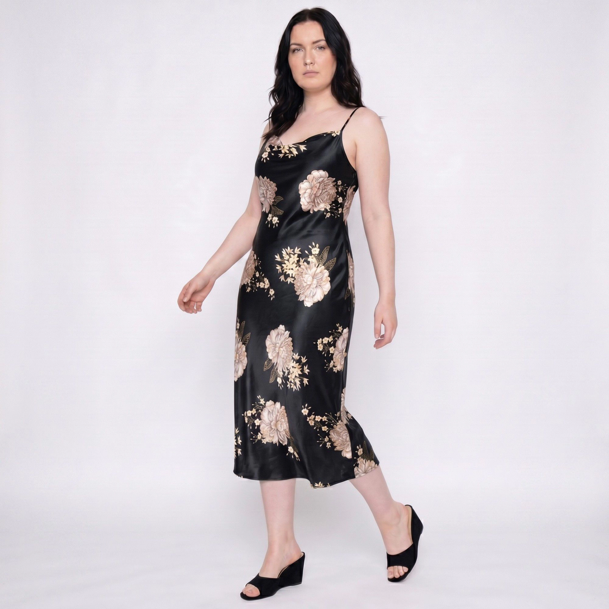 Anna-Kaci Women's Plus Floral Print Satin-Like Cowl Neck Midi Nightgown with Slim Straps and Relaxed Slip Fit