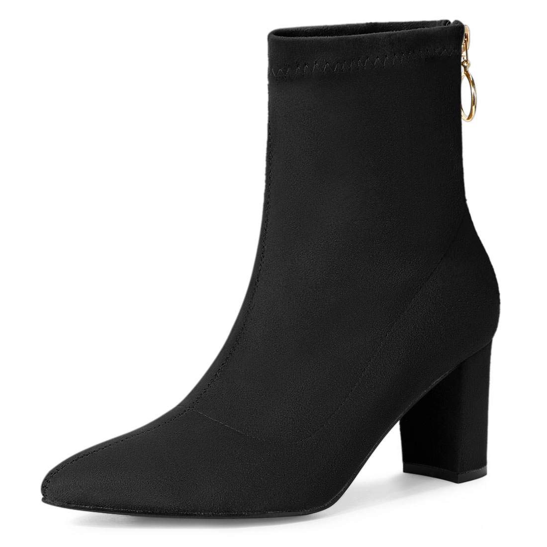 BLISSFUL STEP Women Faux Suede Pointed Toe Zipper Chunky Heels Ankle Boots