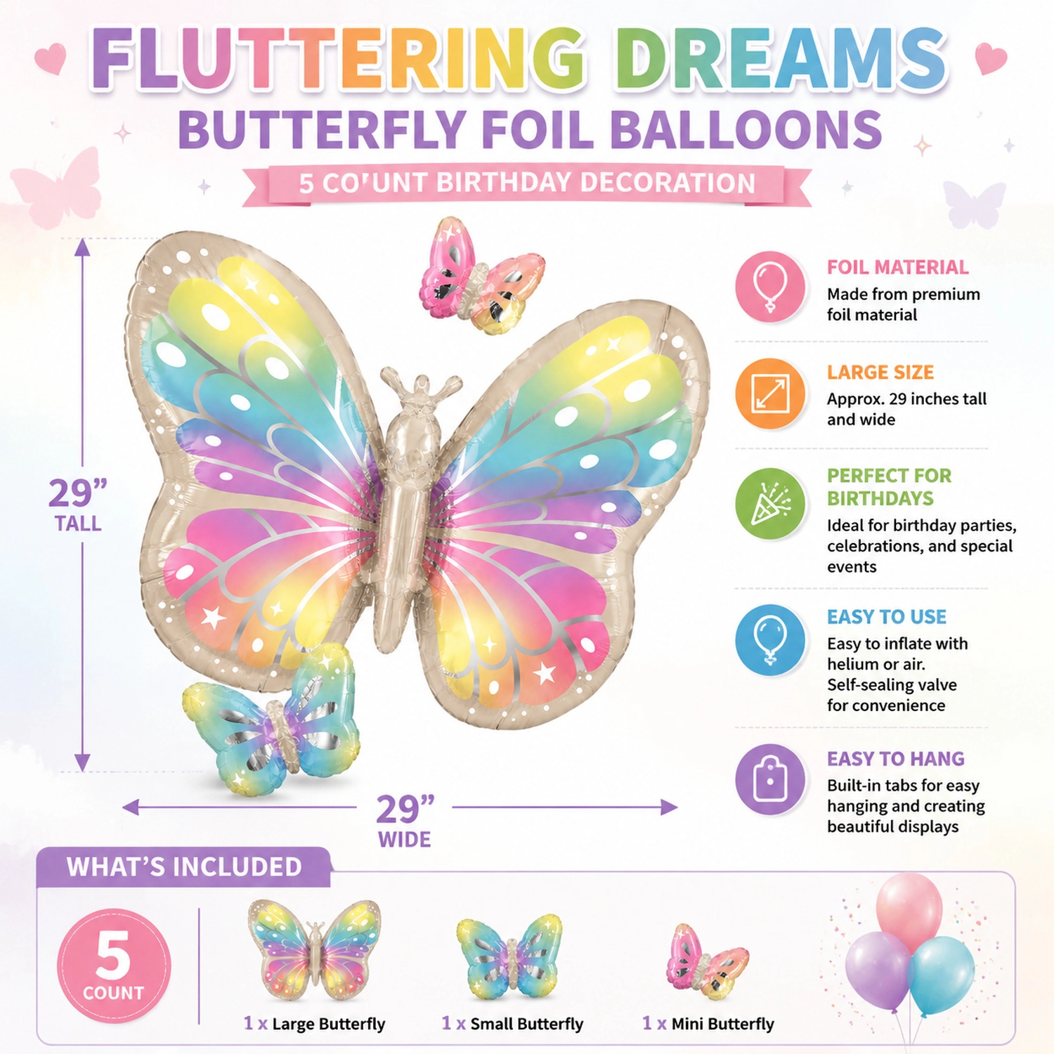 LoonBalloon 29 in Butterfly Foil Balloon 5-Pack