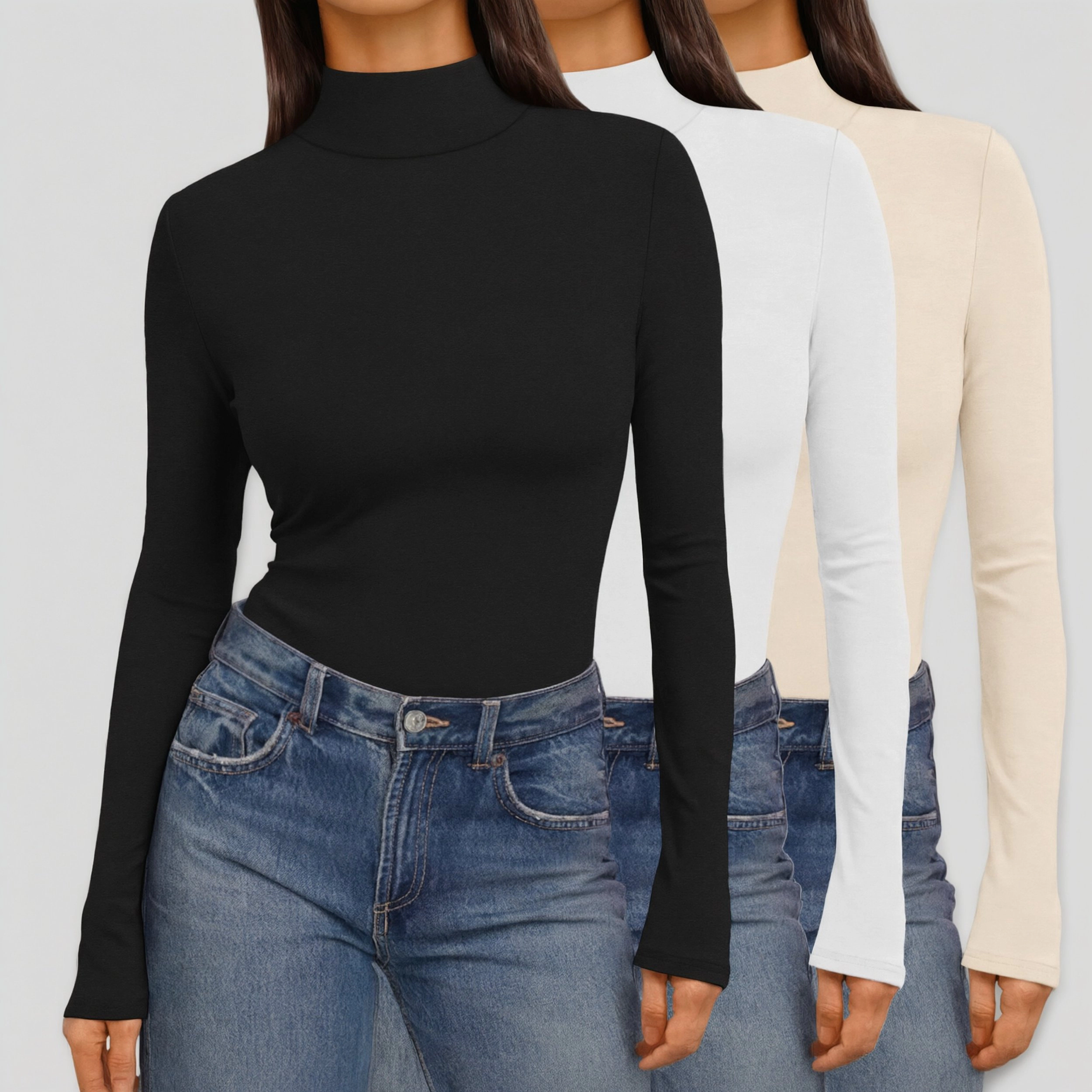 Ekouaer Women's Mock Neck Long Sleeve Stretchy Slim Fit Basic T-Shirt