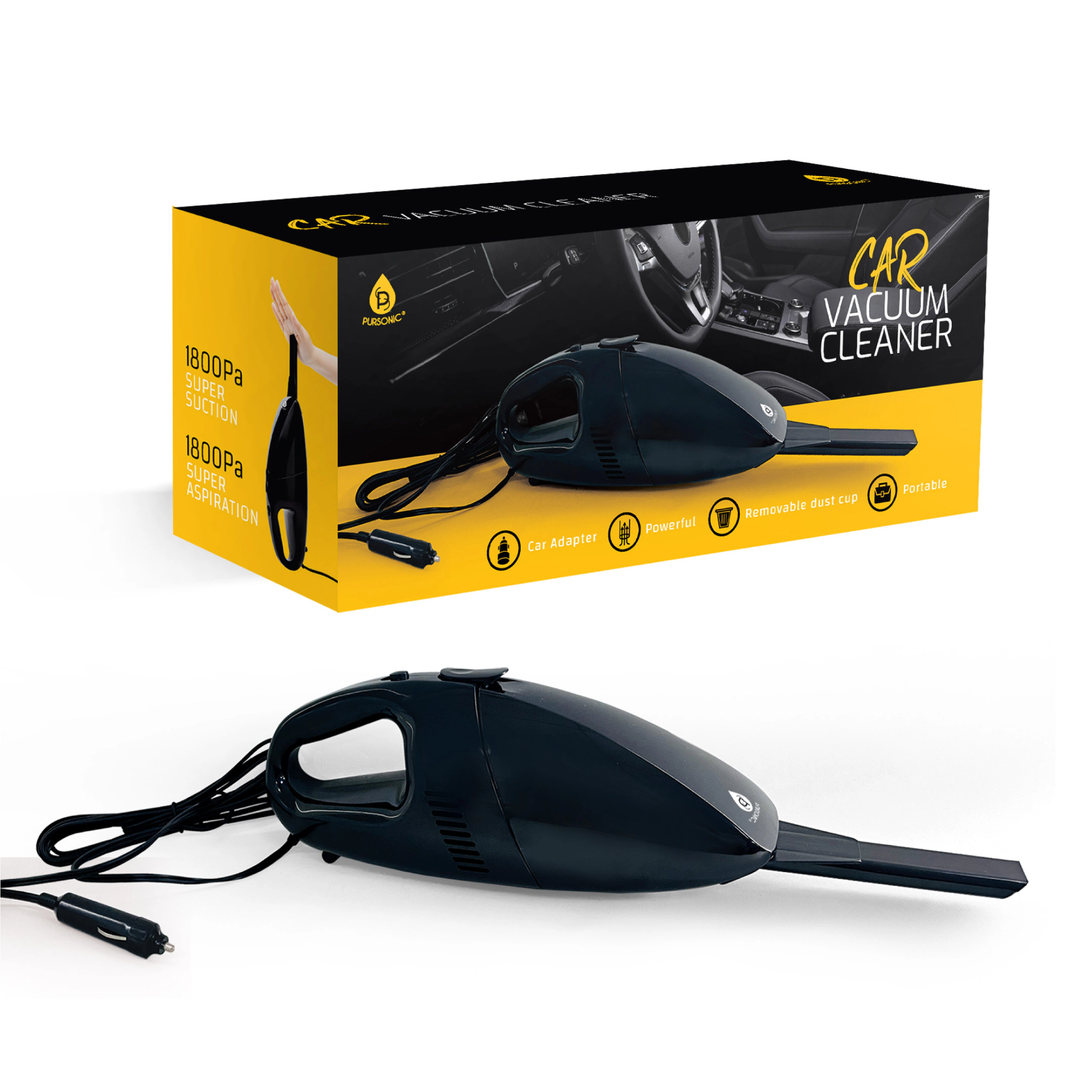 Pursonic Unisex Portable Wet & Dry High Suction Car Vacuum Cleaner with 1800PA Power and Multi-Nozzle Attachments