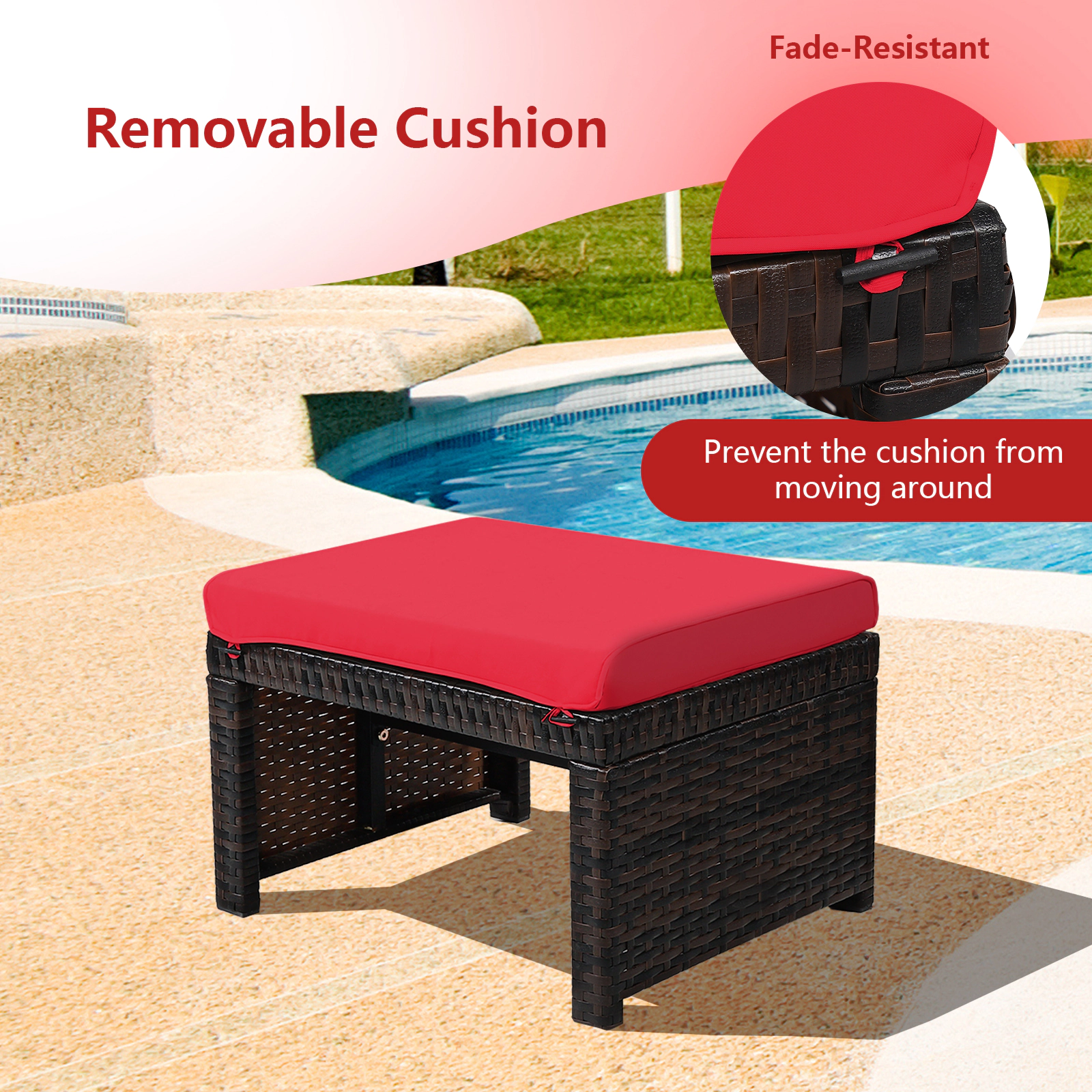 SUGIFT Set of 2 355-lb Capacity Mix Brown PE Rattan Patio Ottomans with Red Water-Resistant Cushions